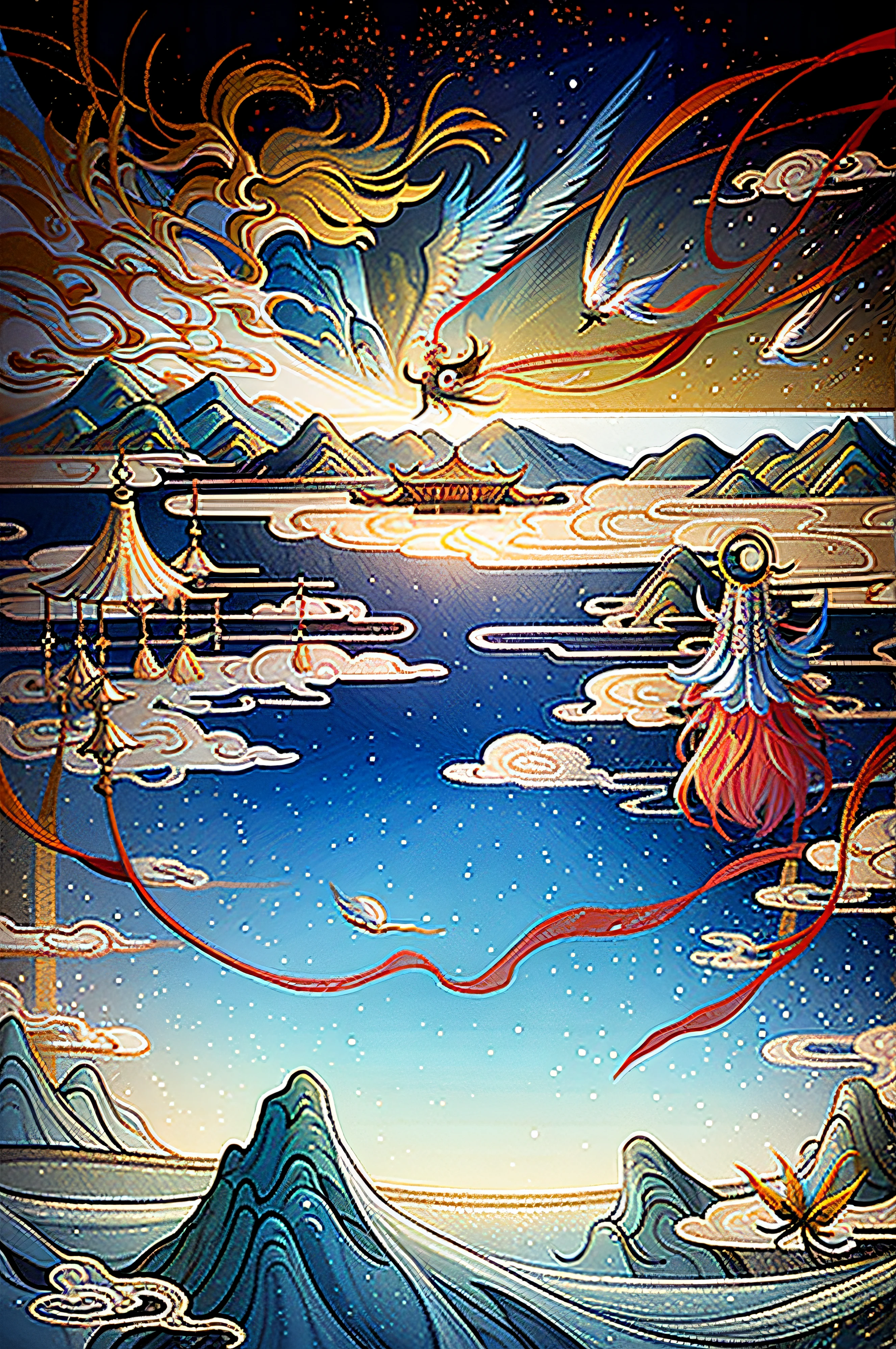 An ancient Chinese painting, Ancient Chinese background, fairies flying,mountain ranges, rios, Auspicious clouds, Pavilions, rays of sunshine, tmasterpiece, super detailing, Epic composition, hyper HD, high qulity, extremely detaile, offcial art, 统一 8k 壁纸, super detailing, 32k -- v 6