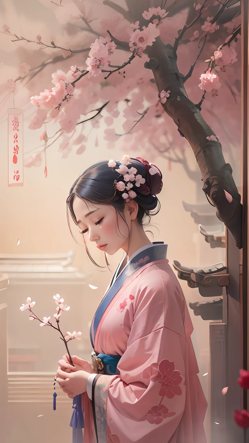 Oriental classical woman with delicate facial features,Peach blossoms bloom outside the flat-roofed wall,The woman lowered her head,Eyes closed,The face was full of sadness,Character Spotlight,Lateral half,The ancient city of Hangzhou looms in the background。A drizzle,with petals falling,Drawn by Zao Wou-Ki - Niji5,Depth of field 1.5,Cinematic texture,Top side light