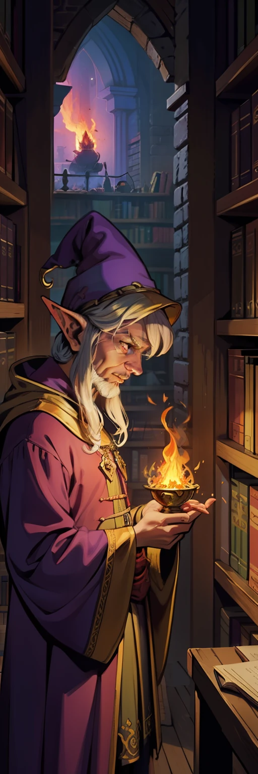 medieval fantasy illustration, higher quality, goblin wizard making fire on the hand, purple and golden clothes, on a library, dark and shade