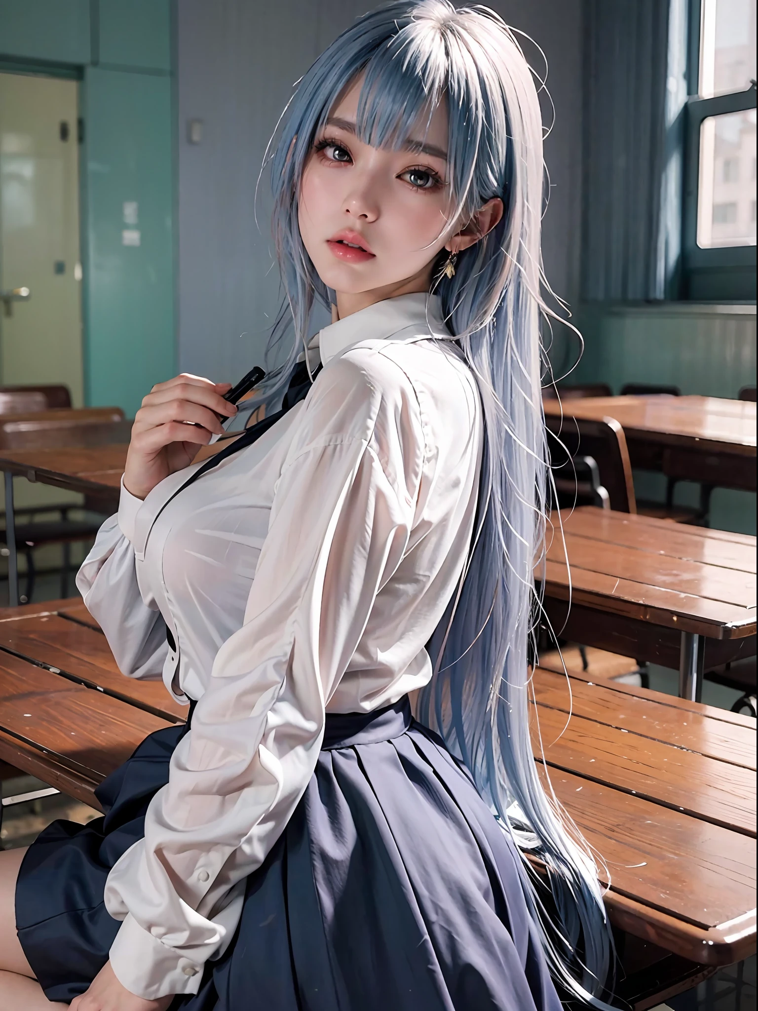 Anime - Stylistic image of a woman in a white shirt and a black skirt, seductive anime girls, Smooth anime CG art, On a table, beautiful and seductive anime woman, Surrealism female students, Realistic schoolgirl, Surrealism female students, 2 b, 2b, sakimichan, [ 4 K digital art ]!!, Perfect white haired girl，huge tit，Blush，Spread your legs，Whole body ,