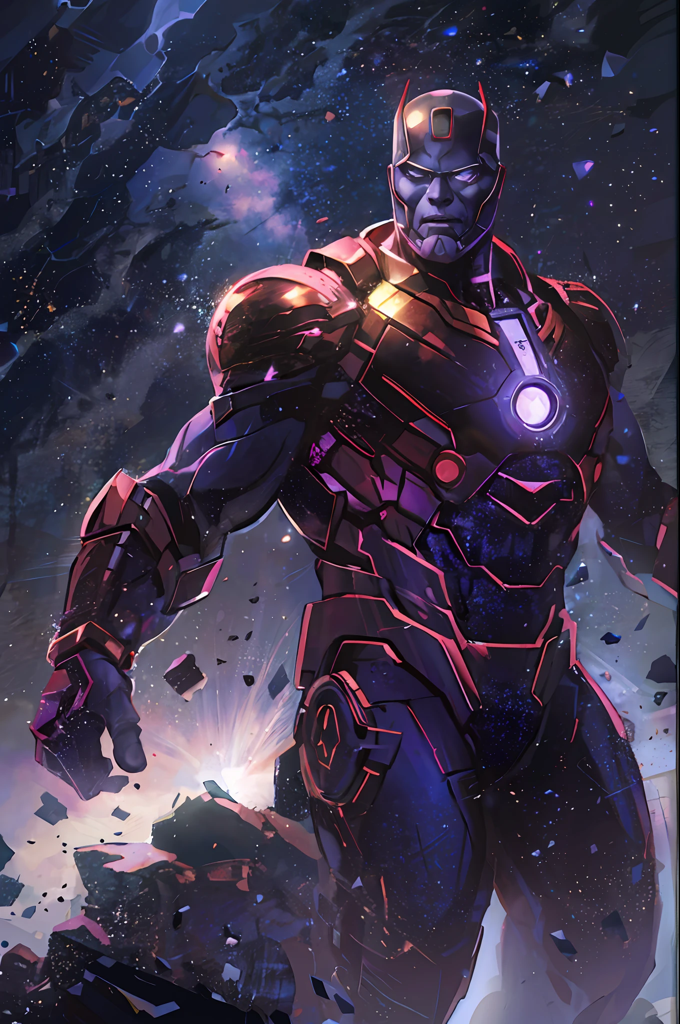 thanos en el espacio con una lluvia de meteoritos al fondo, traje de ironman 1:2, rostro de thanos perfecto morado detallado, pliegues en el rostro, rostro iluminado, cuerpo fuerte perfectamente detalldo, cuerpo perfectamente detallado, manos detalladas, ojos detallados, rostro definido, piel texturisada, poros visibles, ojos detallados, en medio del espacio, con meteoritos al fondo, detallados, luz volumetrica, detalles de luz resplandeciente, rostro perfectamente detallado, Unique work, obra maestra