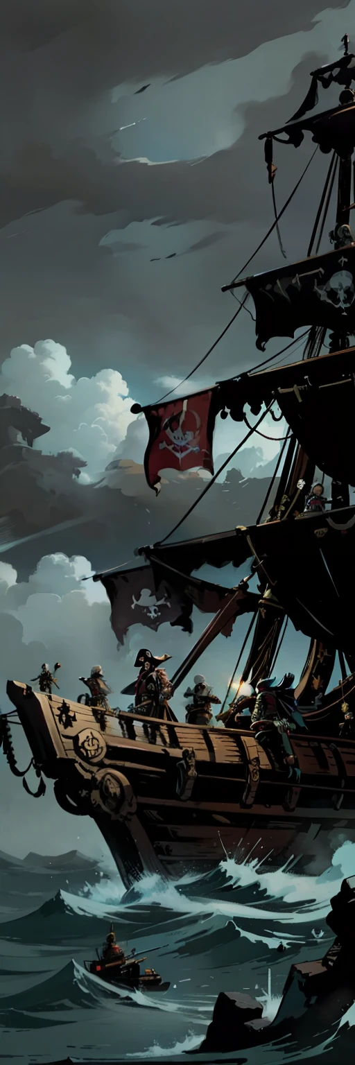 fantasy illustration, pirate ship, shooting cannon, many pirates holding swords, black sails