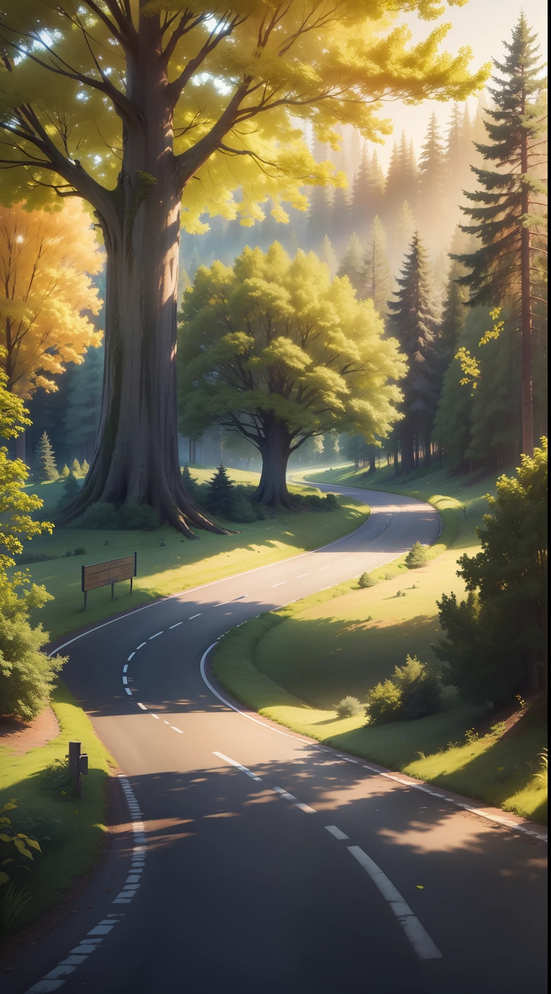 landscape, forest and one big tree, there are road in center, bush on side with yellow color, flower on side, bird, peace, morning vibes, (extremely detailed CG unity 8k wallpaper), most beautiful artwork in the world, intricate, High Detail, Sharp focus, dramatic, photorealistic painting art, dreamland
