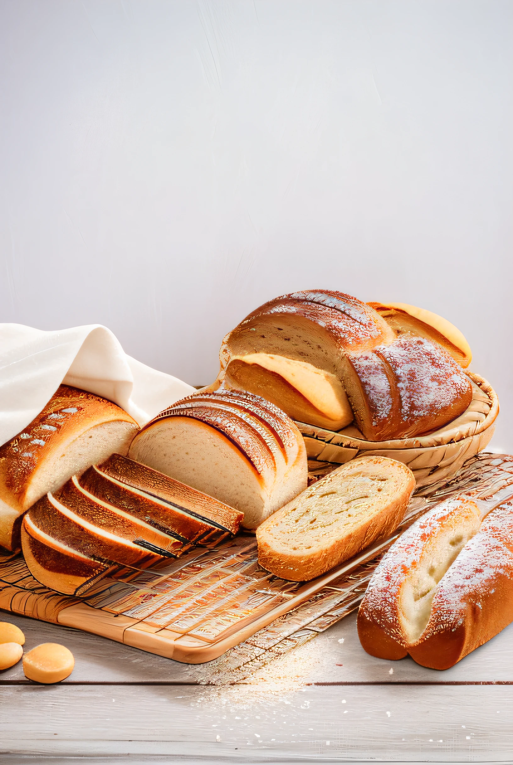 There are many different types of bread and rolls on the table, breads, breads, breads, high grain, with bread in the slots, baker shop, sliced bread in slots, mineral grains, high quality food photography, Fresh bakery in the background, patisserie, stockphoto, stock image, product introduction photos, Brooding spread, heavy grain high quality, stockphoto