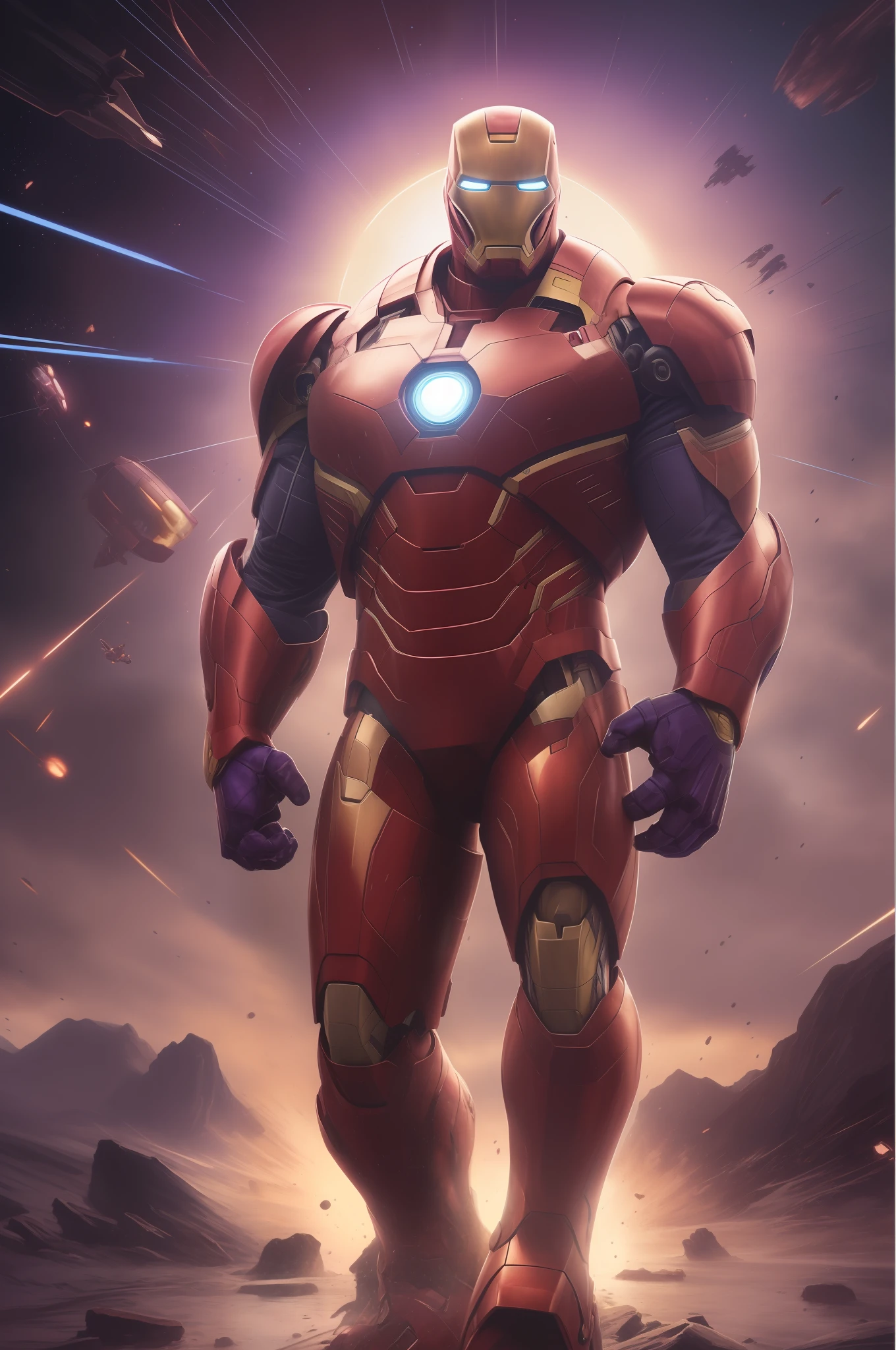 Thanos en el fondo de una escena de un hombre con una armadura brillante, ojos detallados, brillantes, destello de los ojos, como si fuera a salir un rallo de los ojos, destello rojo, Superior Iron Man, Ironman, Como Ironman, Hombre de Hierro, Retrato de Iron Man, epic full color illustration, Juan Romita Senior, hierro, Armadura de hierro, Tony Stark, Hombre de hierro superior blanco, inspirado por Paul Pelletier, Cyberpunk Iron Man, Arte Oficial, Arte oficial de alto detalle