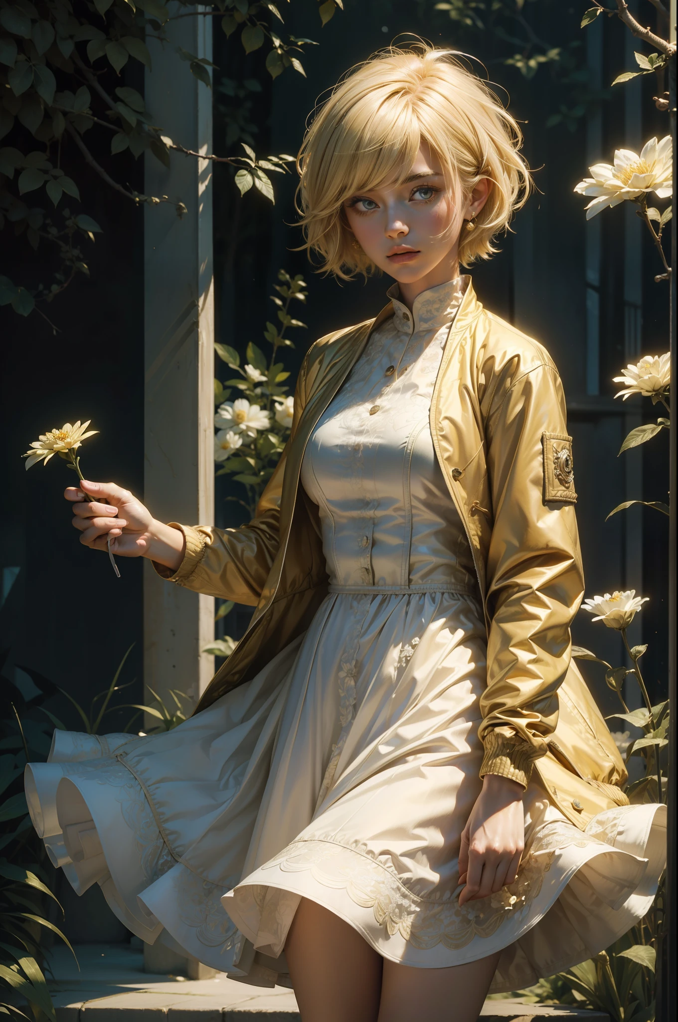 (masterpiece, ultra detailed), a ((blonde)) woman, ((short hair)) beauty, holding a flower, ((wearing a dress and jacket)), ((melancolic))