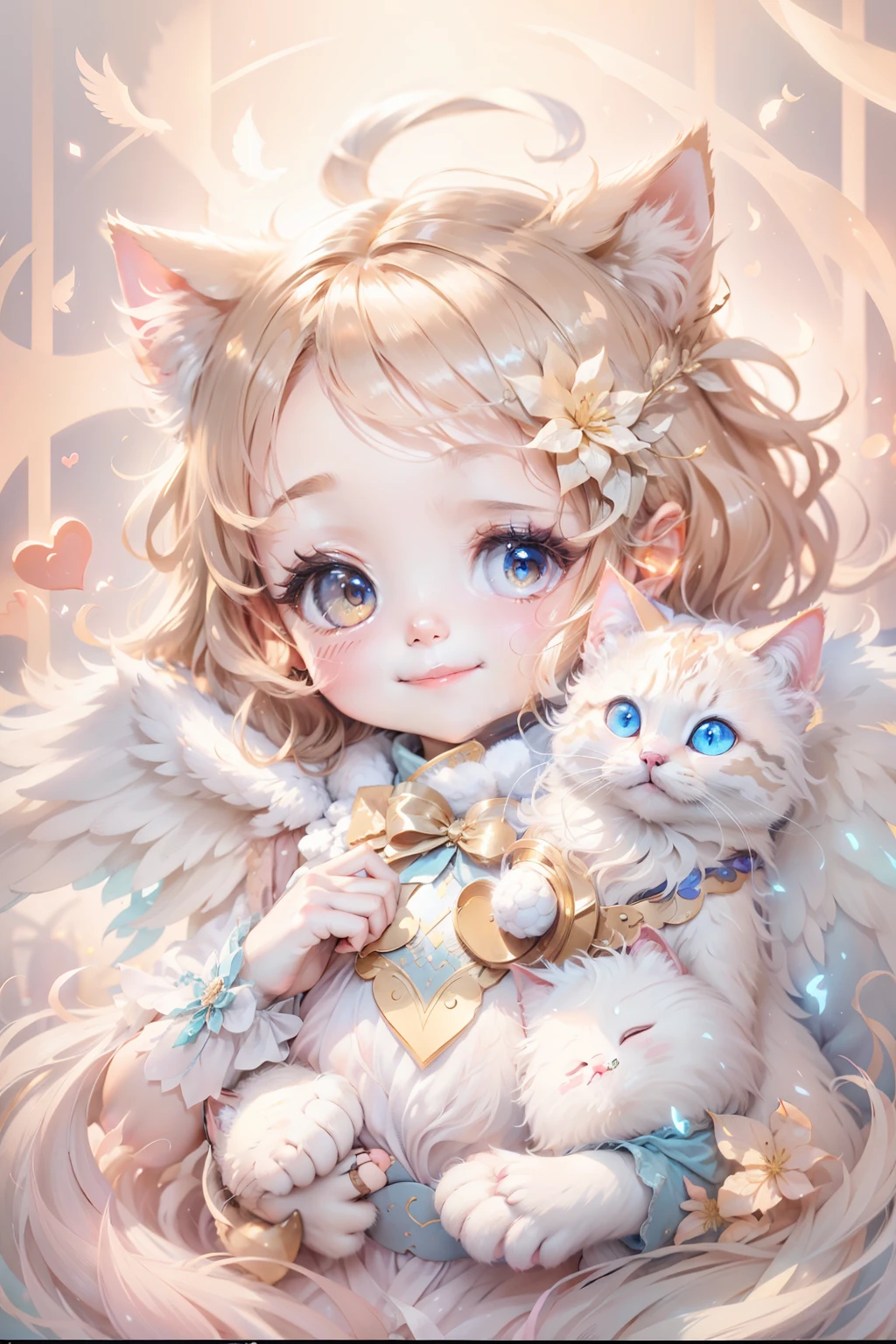 Angel and Cat、Gentle and beautiful、Congratulations、Bright smile、Enjoy、blessings、fluffly、heart mark、Irridescent color