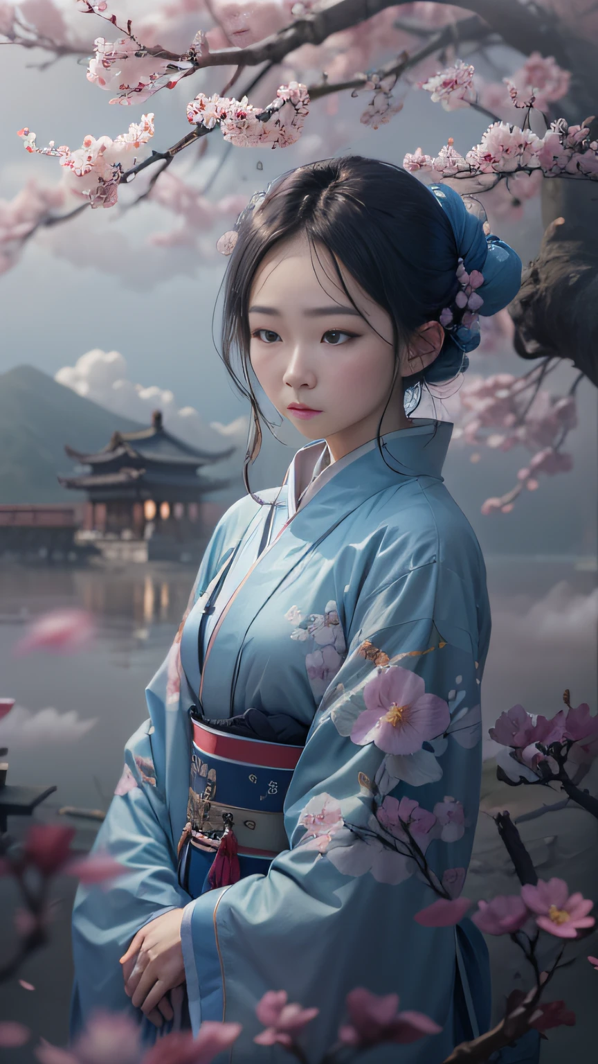 in clouds of smoke,The ancient city of Hangzhou is desolate,Peach blossoms fluttering,A drizzle,The woman waiting under the peach blossom tree can no longer be seen(Faraway view)。Drawn by Zao Wou-Ki - Niji5,Depth of field 1.5,The whole picture is in a sad blue-gray tone,Cinematic film texture,Natural soft light。