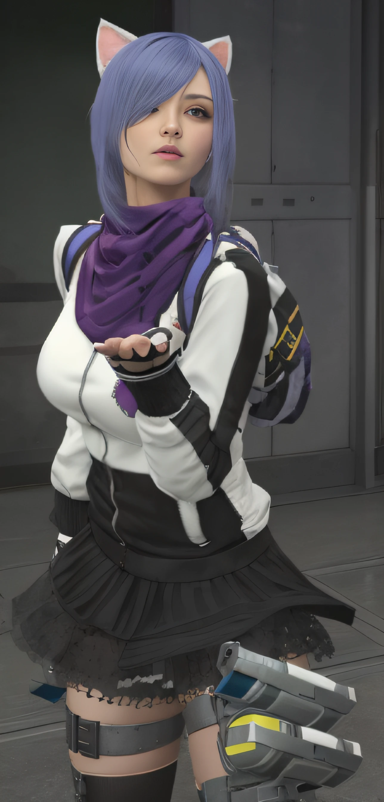 There's a woman in a cat outfit holding a cell phone, twintails branco_Luvas, closeup estilo gesto pesado, usando roupas netrunner, Roupa multicamadas, Tranding no PXIV, Dicas de Yayoi Kasuma, segurando uma pose de pudica, mechanic punk outfit, em roupas! altamente detalhado, com o dedo indicador, Roupa ninja, pessoa com pelo roxo, Motor irreal : : maquiagem, Retrato de Jinx de Arcane, menina atraente,  gatinha, gatinha jovem bonita,  com o rosto muito detalhado, sending kiss with the hand, hand open, open palm, soprando beijo,