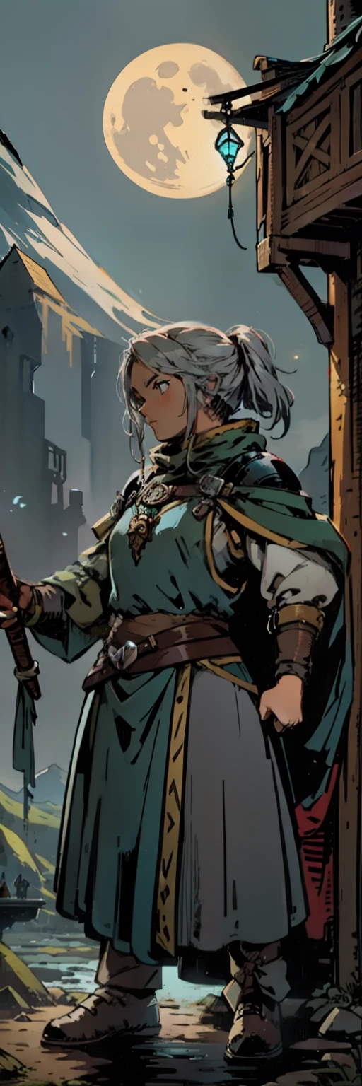 RPG, fantasy medieval illustration, rogue, female dwarf, grey hair, black eyes, medieval clothes, showing dices, on a ship, moonlight