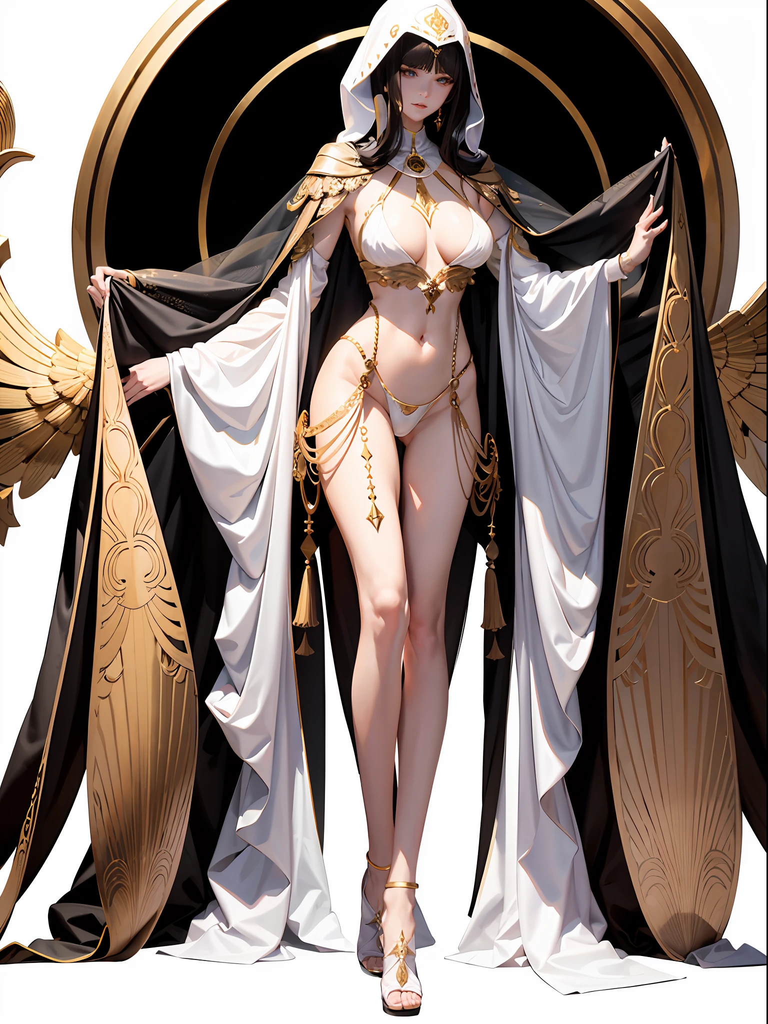 tmasterpiece,The beautiful goddess of the void wears a hood,fully body pose,Gorgeous clothes with gold patterns,Full body white transparent bikini,Clear silk,Full-body standing,180cm tall,Slender legs,detail in face,Detailed body part details,8k wallpaper