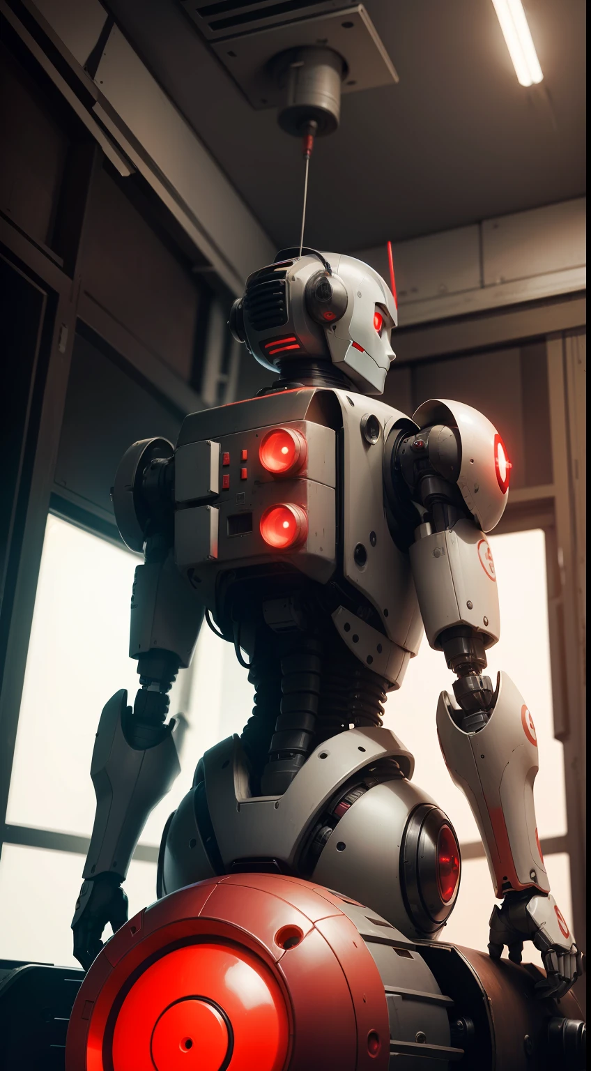 A robot, with a red button on his back.