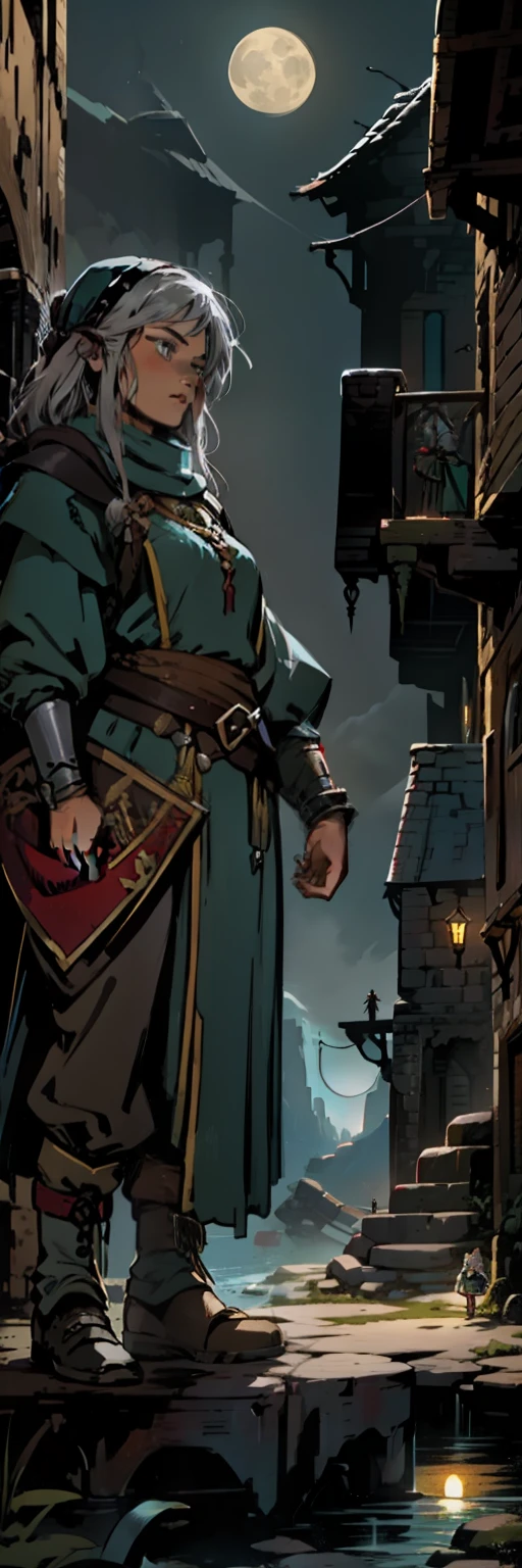 RPG, fantasy medieval illustration, rogue, female dwarf, grey hair, black eyes, medieval clothes, showing dices, on a ship, moonlight