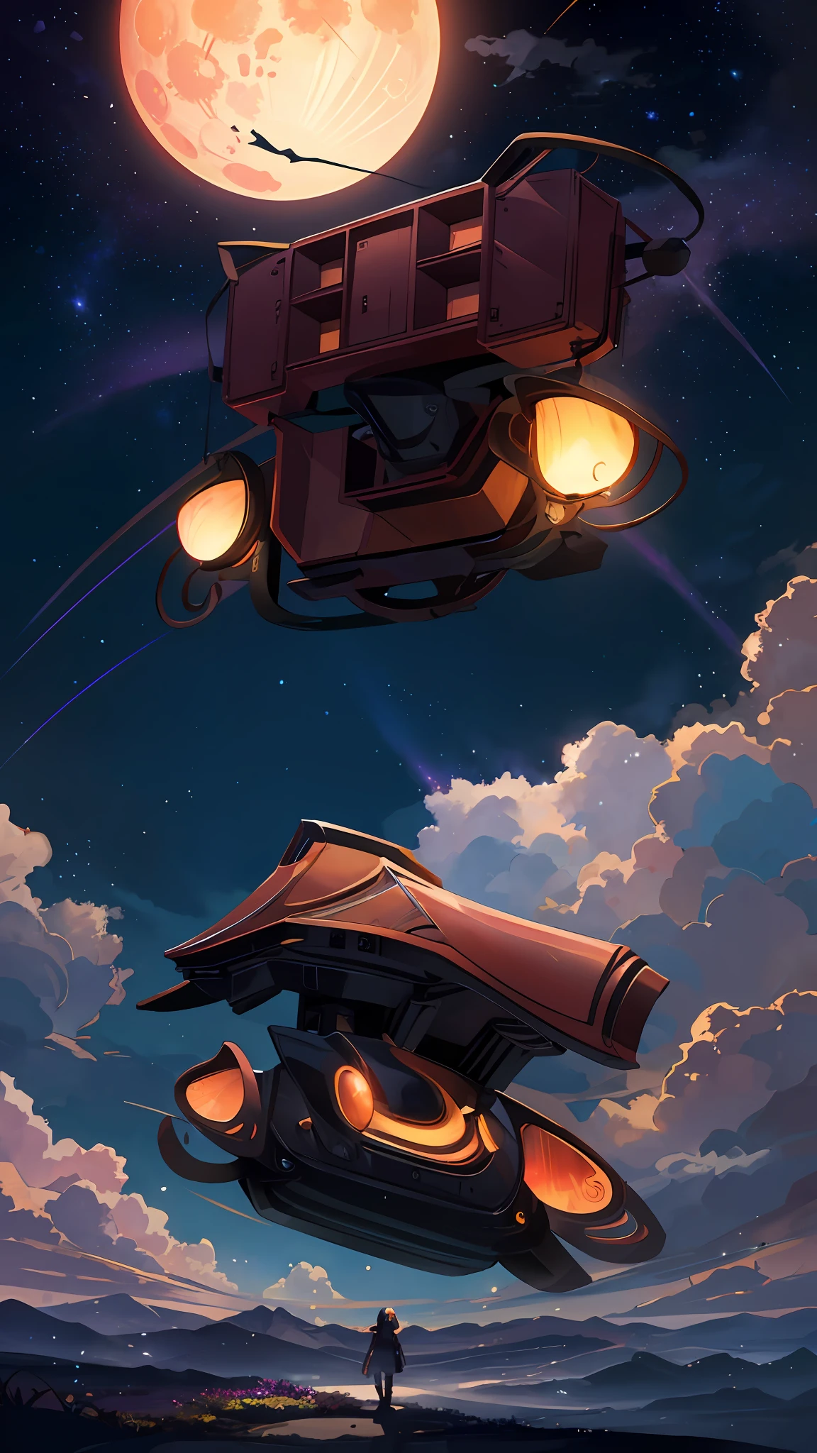 expansive landscape photograph , (a view from below that shows sky above and open field below), a girl standing on flower field looking up, (full moon:1.2), ( shooting stars:0.9), (nebula:1.3), distant mountain, tree BREAK
production art, (warm light source:1.2), (Firefly:1.2), lamp, lot of purple and orange, intricate details, volumetric lighting, realism BREAK
(masterpiece:1.2), (best quality), 4k, ultra-detailed, (dynamic composition:1.4), highly detailed, colorful details,( iridescent colors:1.2), (glowing lighting, atmospheric lighting), dreamy, magical, (solo:1.2)