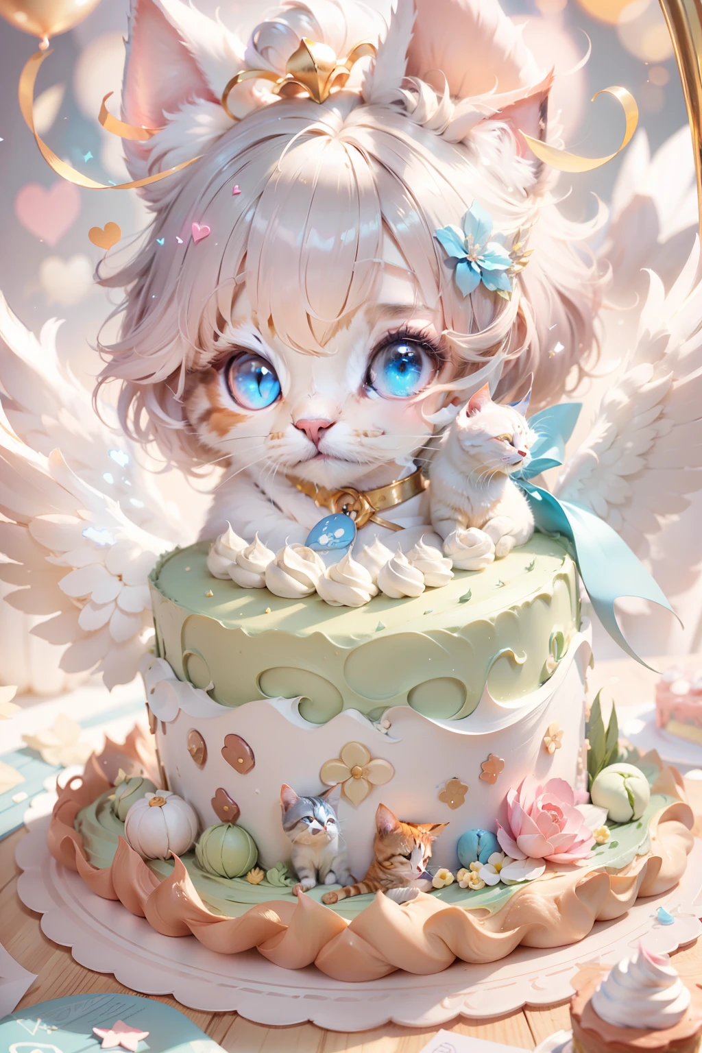 Cat and cake、Bright and beautiful、Congratulations、Have fun and laugh、angelicales、Enjoy、blessings、fluffly、heart mark、Irridescent color