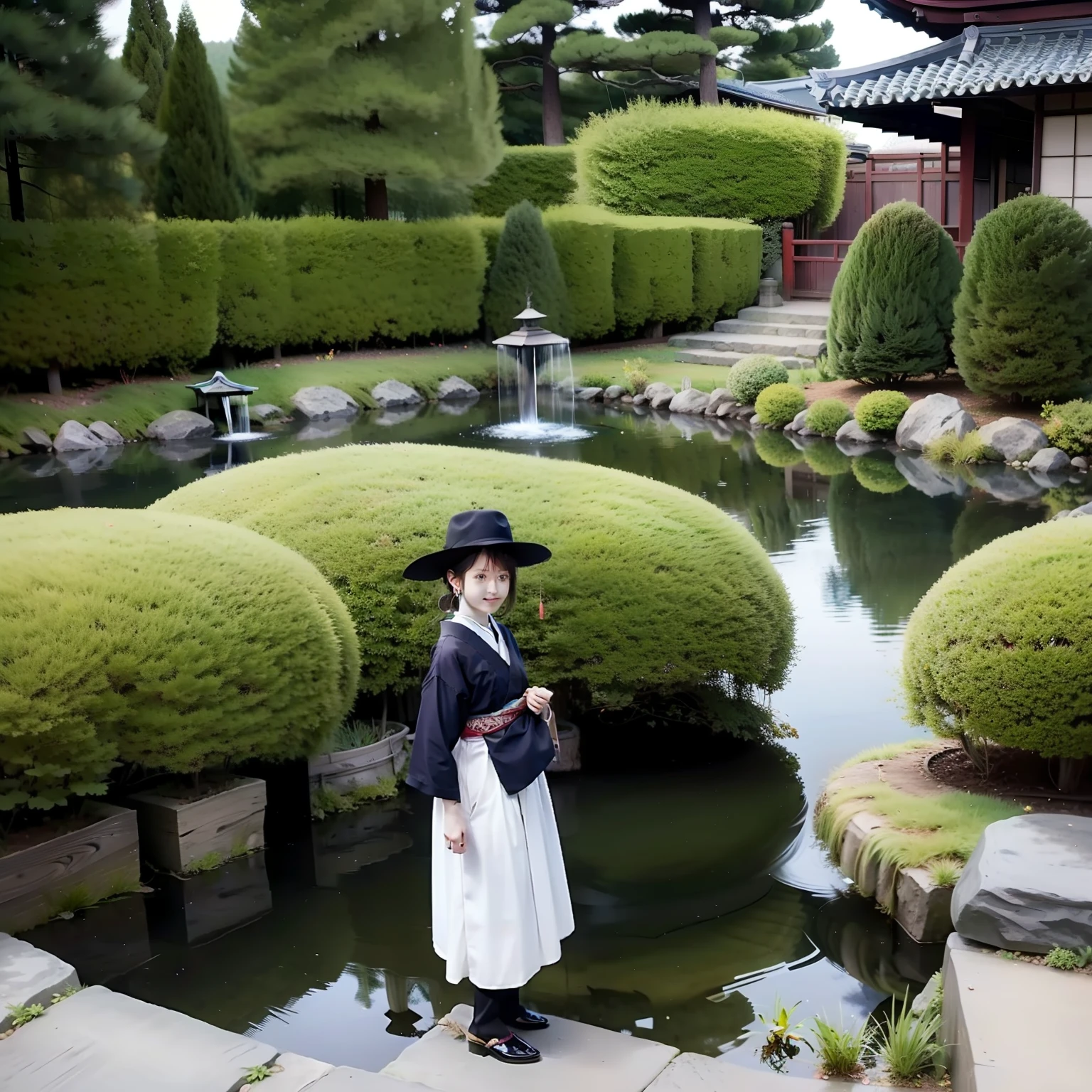 A garden from the Edo period in Japan,There is running water,There are pine trees,There are small fish,A girl in a Western-style dress,Standing in the courtyard with a hat,high-definition picture quality,
