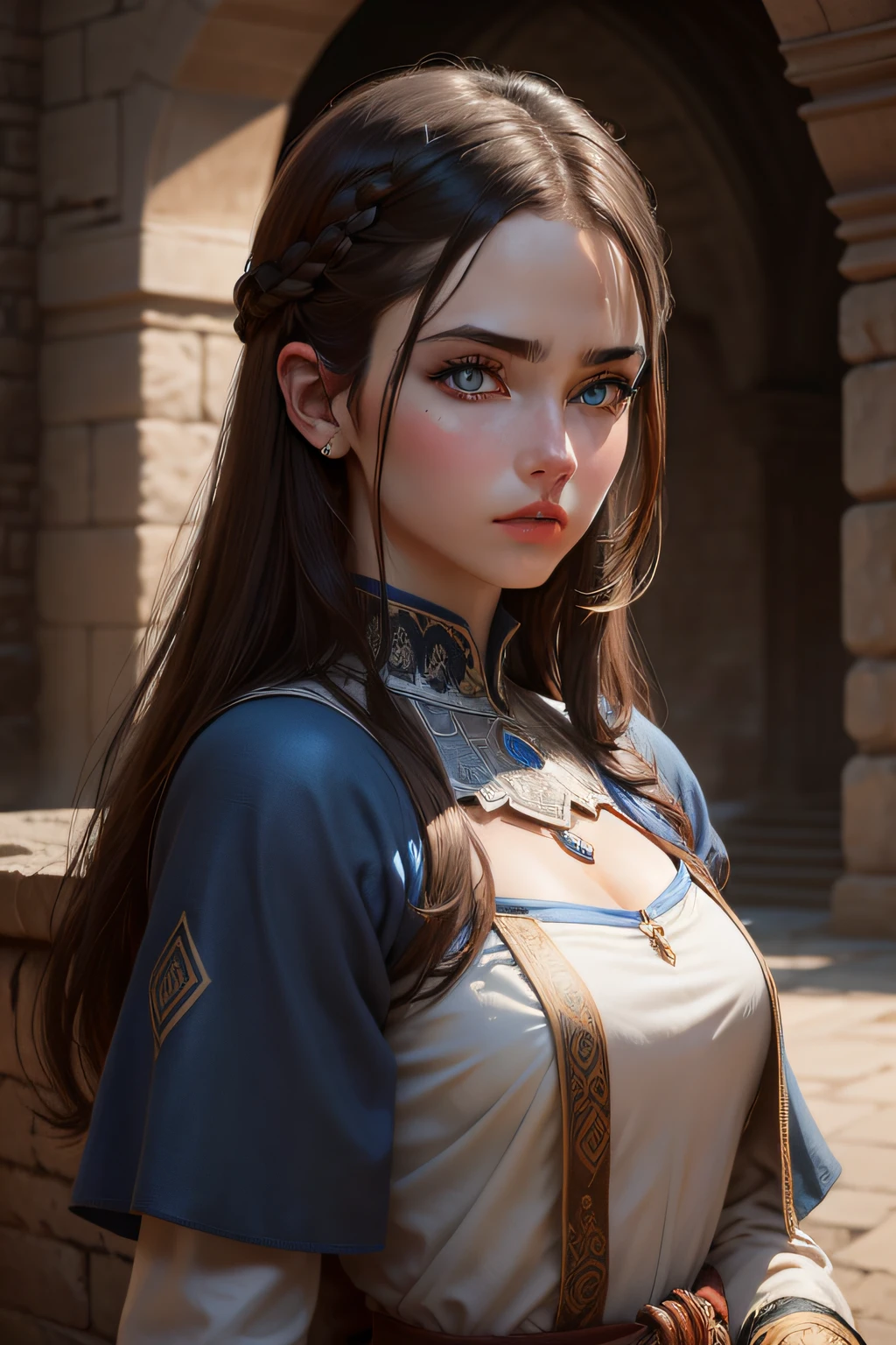 white skin,dark brown hair,brow eyes,lower,blue dress,medieval,20 years,warrior,realistic