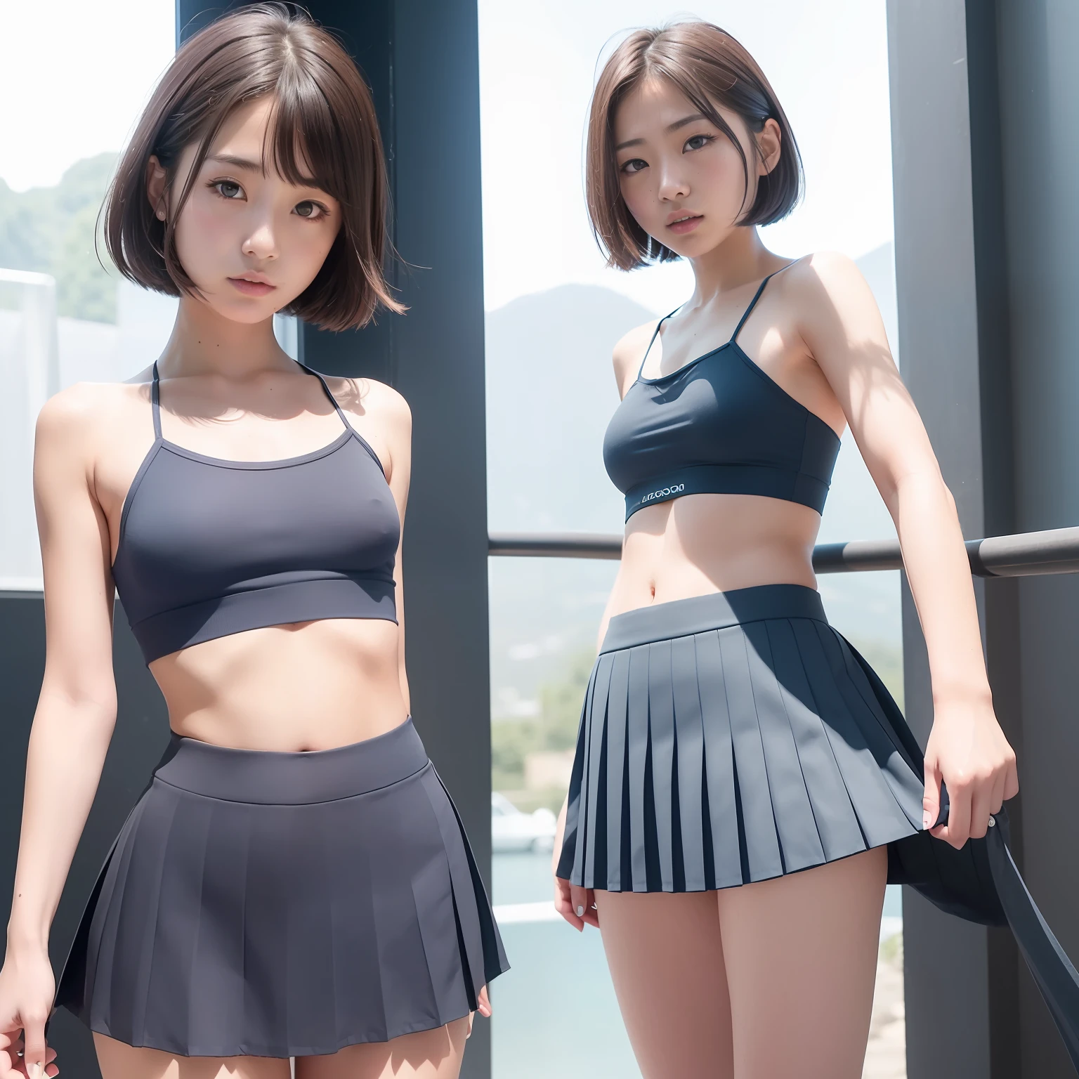 (Solo), (a detailed full-body RAW photo of a girl), (masutepiece:1.0), (Best Quality:1.4), (超A high resolution:1.2), (Photorealistic:1.4), 8K resolution, Canon EOS R5, 50 millimeters, absurderes, ultra-detailliert, (16 year old), Cinematic lighting, Detailed beautiful face, (no-makeup:1.2), (ulzzang -6500-v1.1), petite figure, Detailed skin texture, (flat chest:1.4), (skinny and fit body:1.6), Detailed brown hair, sweltering,(Very short hair:1.5), See Through wear, (blue and gray thiin tube top and verry short thin tennis pleats skirt:1.5), upskirt, More transparent, realistic glistening skin, Detailed texture, Cameltoe, well-developed abs, erect nipples, wet wear, (satomi ishihara), stylish pose, panty shot, looks lively, panty focus, blue sky,