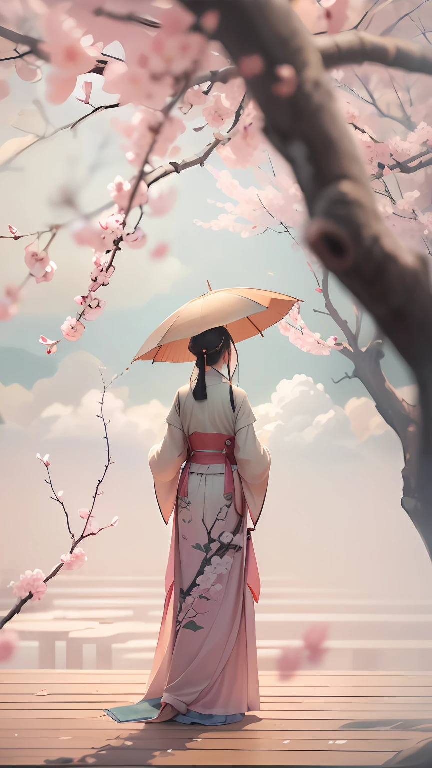 in clouds of smoke,The ancient city of Hangzhou is desolate,Peach blossoms flutter,A drizzle,I can no longer see the woman who is waiting under the peach blossom tree(Faraway view)。Drawn by Zao Wou-Ki - Niji5,Depth of field 1.5,Cinematic texture,natural soft light。