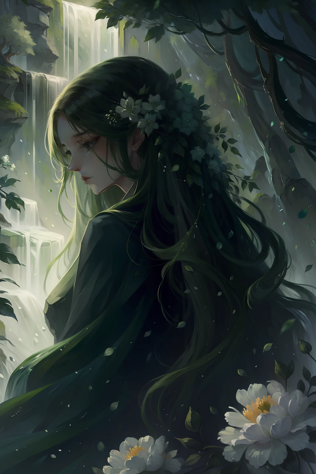 Long hair like a waterfall,Green trees and flowers in the background