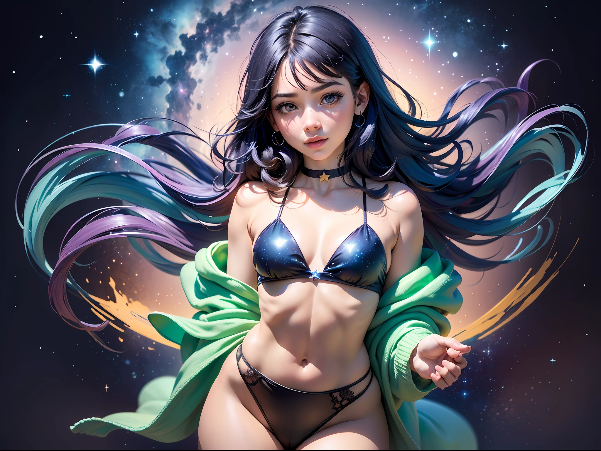 ((La mejor calidad)), ((Obra maestra)), ((realista)) and watercolor drawing of a girl with goth colors. Ella tiene ((Cabello estrellado)), lleva un (small black micro-thong:Motivo estrella ) , ((beautiful and aesthetic)), abdominales corporales de ajuste muscular, sexy, debajo de los senos, caliente, (Fondo de cielo lleno de estrellas) (fondo claro:1.35), (particuls ,glowworm, azul brillante):1.3,