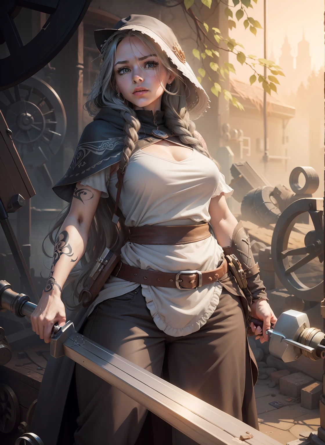 Please generate an imagine in a drawn fantasy-like art style for me. This image should contain parts of a strong human female closed mouth small nose that is around 30 years old and has grey-blond shoulder long hair. Focus on her arms and make sure that she has a tiny tattoo on one of her arm. The tattoo resembles a hammer and an anvil, both are encircled by a cogwheel. Make sure that this is actually not a tattoo and there is not a real hammer, anvil or cogwheel as part of the arm. Additionally, make sure that this is the only tattoo this person has. Picture her in a closed room.