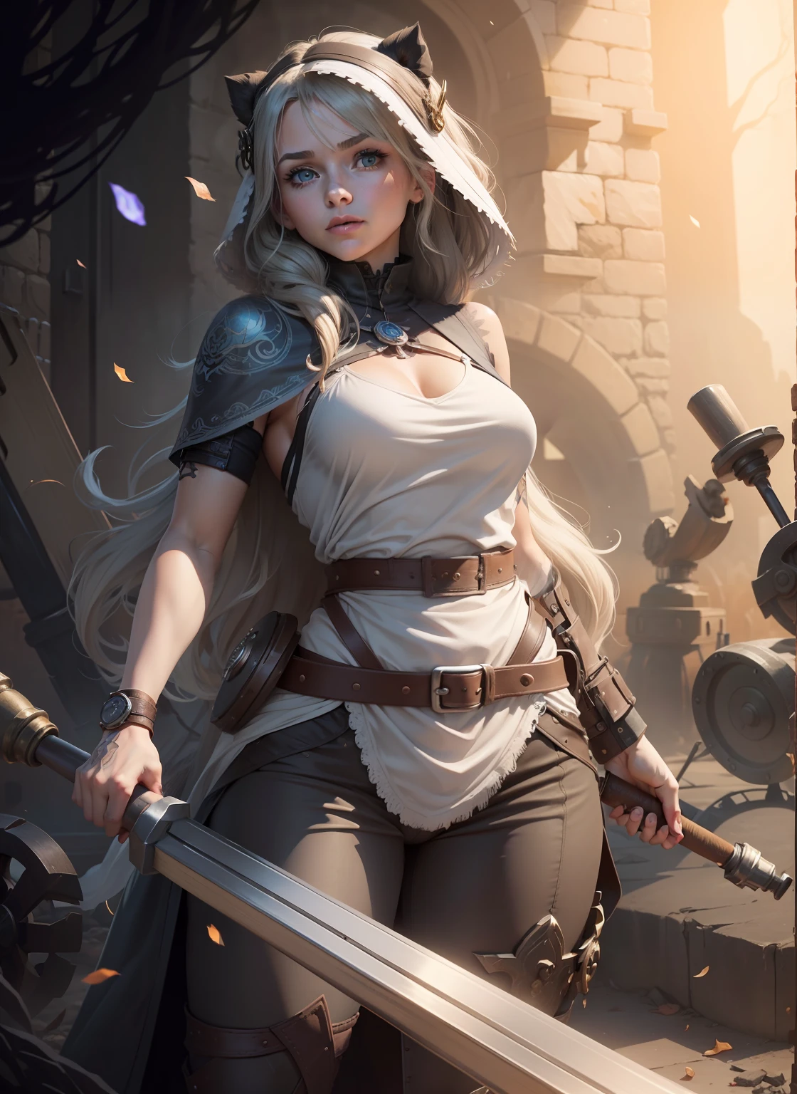 Please generate an imagine in a drawn fantasy-like art style for me. This image should contain parts of a strong human female closed mouth small nose that is around 30 years old and has grey-blond shoulder long hair. Focus on her arms and make sure that she has a tiny tattoo on one of her arm. The tattoo resembles a hammer and an anvil, both are encircled by a cogwheel. Make sure that this is actually not a tattoo and there is not a real hammer, anvil or cogwheel as part of the arm. Additionally, make sure that this is the only tattoo this person has. Picture her in a closed room.