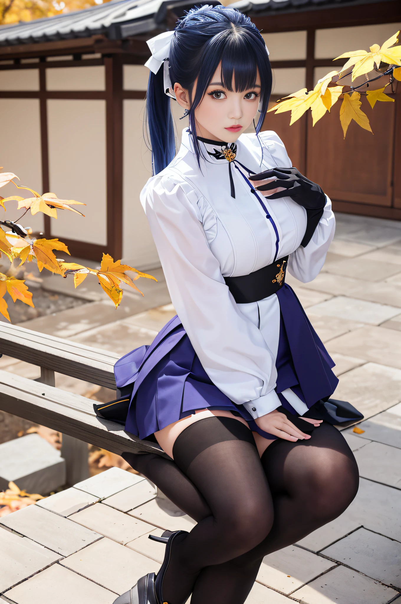 Masterpiece, Best quality, A high resolution, 1girll, Blue hair, pony tails, bangs, hair between eye, side locks, ahoge, Purple eyes, bell, Neckbells, Detached collar, White collar, cropped shoulders, Black pantyhose, Tights under clothes, Detached sleeves, White sleeves, Long sleeves, Golden decoration, Medium breasts, mitts, Black gloves, ribbon, Leg ribbon, ankle ribbon, White footwear, visions (Genshin Impact), Ganyu \(Genshin Impact\), Outdoors, (east asian architecture, Autumn, Autumn leaves), full bodyesbian：1.5， Positive focus,Look up at the camera