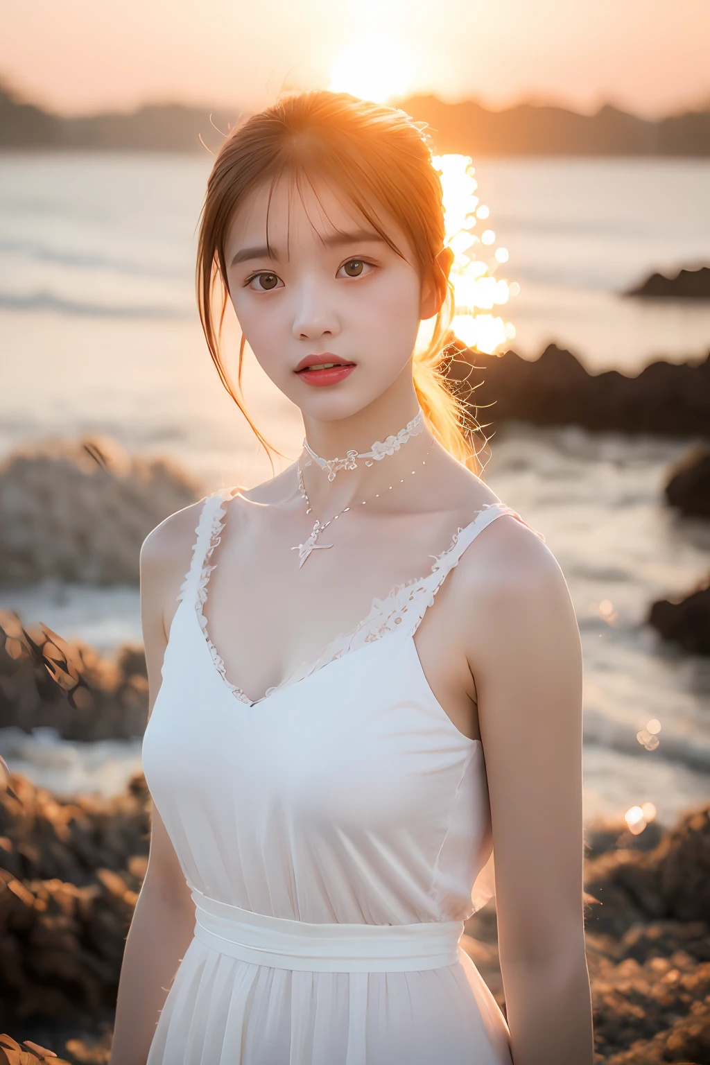 (8K, RAW photogr, Photorealistic:1.25),1girll,beachside,the setting sun,Pose,(white dresses:1.2),choker necklace,(of a real:1.4),conservative girl,full bodyesbian,lens flare glow,Textured skin