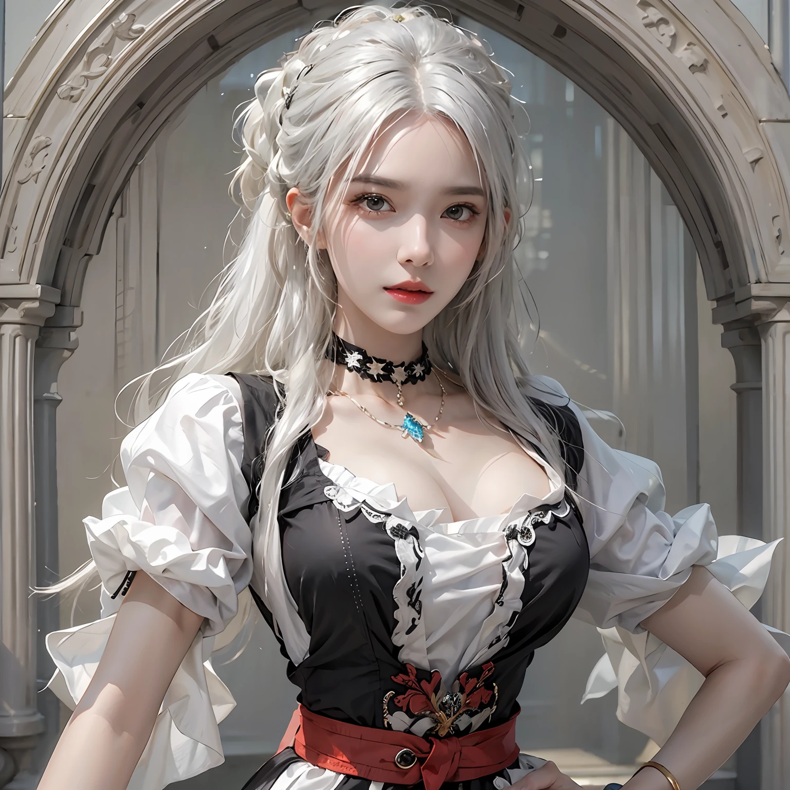 photorealistic, high resolution, 1women, solo, hips up, look at viewer, (detailed face), white hair, long hair, maid outfit, jewelry