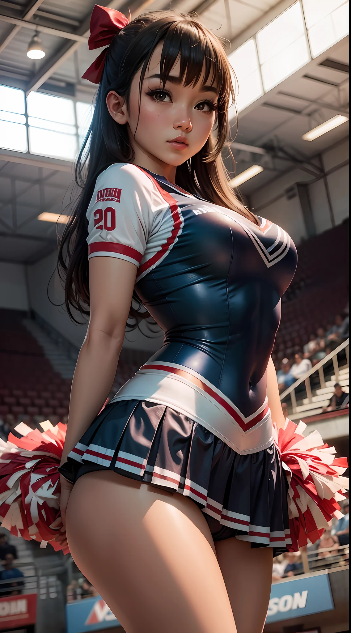 Uma linda garota, dressed as a cheerleader, Asian eyes, arena de basquete.