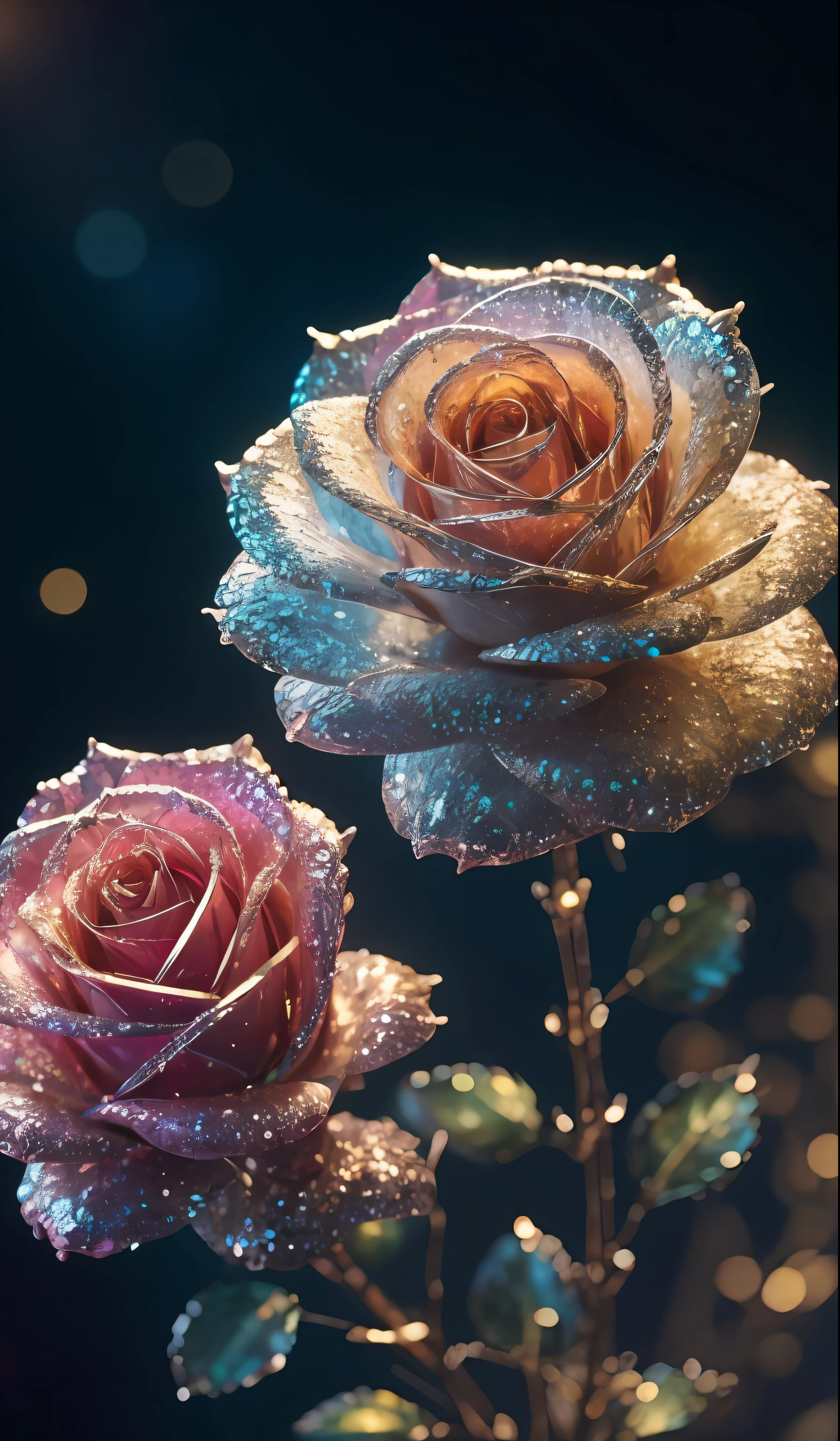 Crystal roses, fanciful, galaxias, cleanness, glittery, glittery, splendor, Colorful, Amazing photography, dramatic lighting, photo-realism, ultra - detailed, 4k, depth of fields, A high resolution
