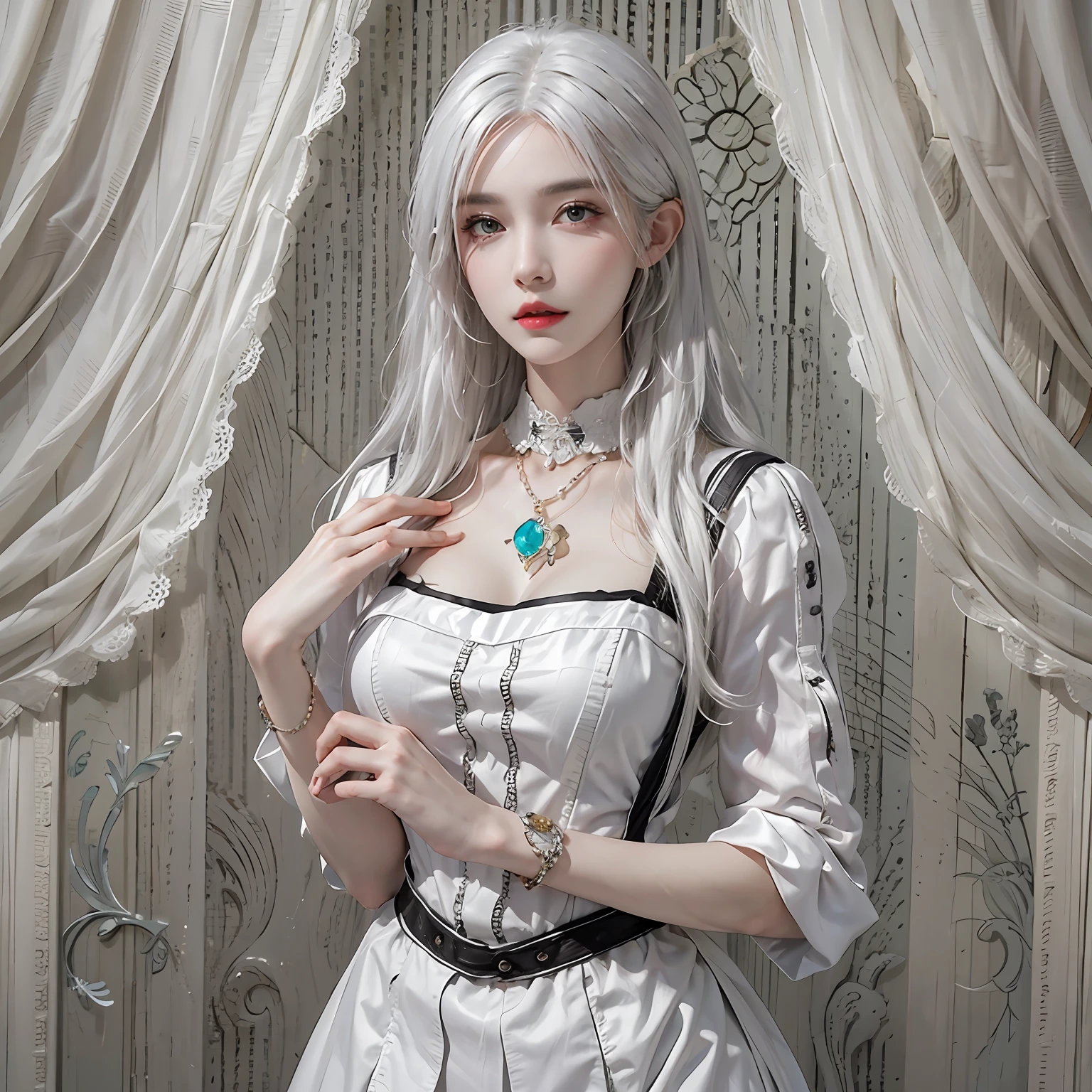photorealistic, high resolution, 1women, solo, hips up, look at viewer, (detailed face), white hair, long hair, maid outfit, jewelry