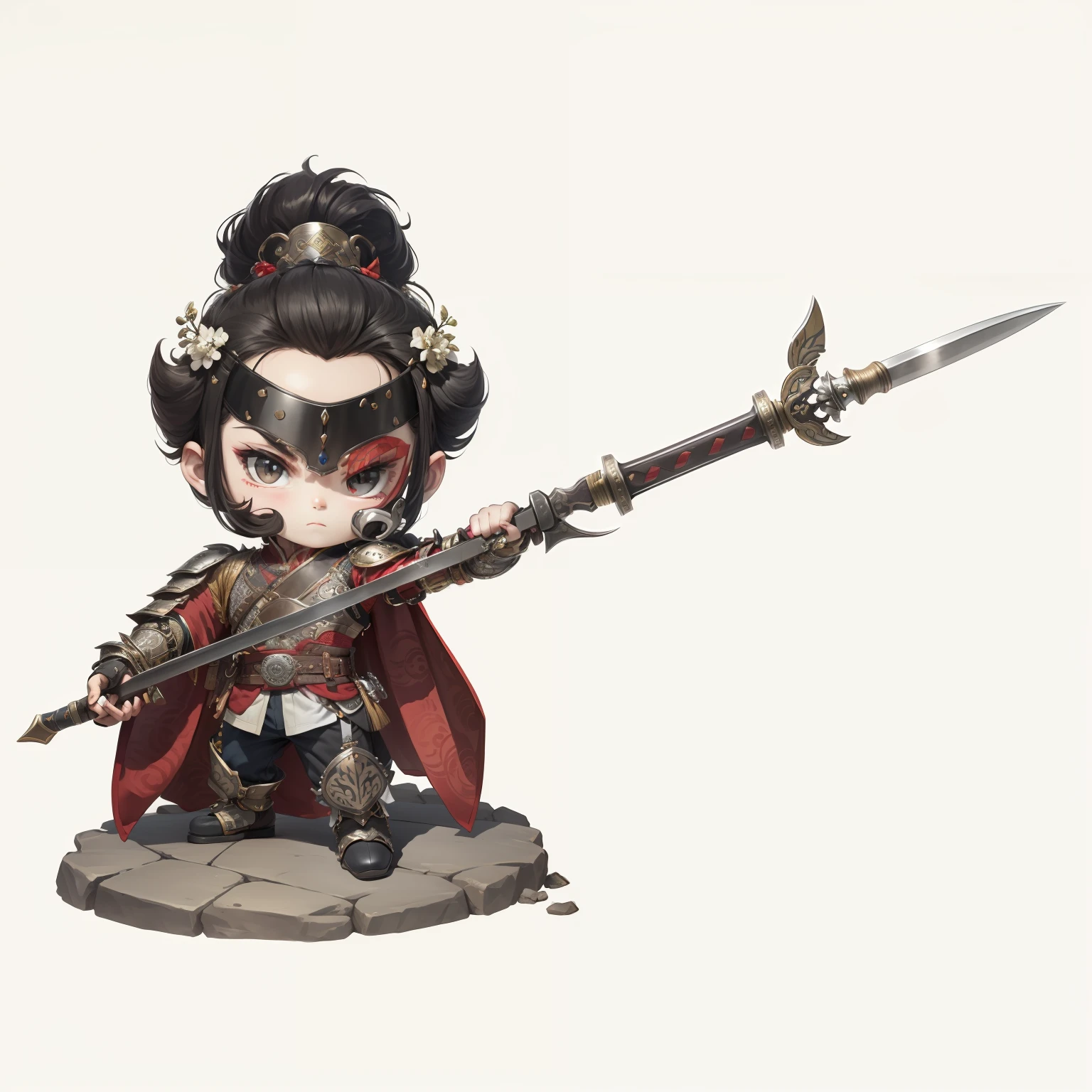 male people,Male characters,tchibi,Bad,Arms,Wu weapons,The handle has a delicate pattern,Shoulder blades,metal plate,chainmail,Animal pattern cuirass,chest plate,Bracers,Flowing hem,China-style,Chinese-style clothing,Chinese shoes,There are beautiful patterns on the weapon grips,Refinement,Fine painting,Refinement,infinite details,high definition detail,Patterned,Pattern,Blank background,Bright colors,Metal edging