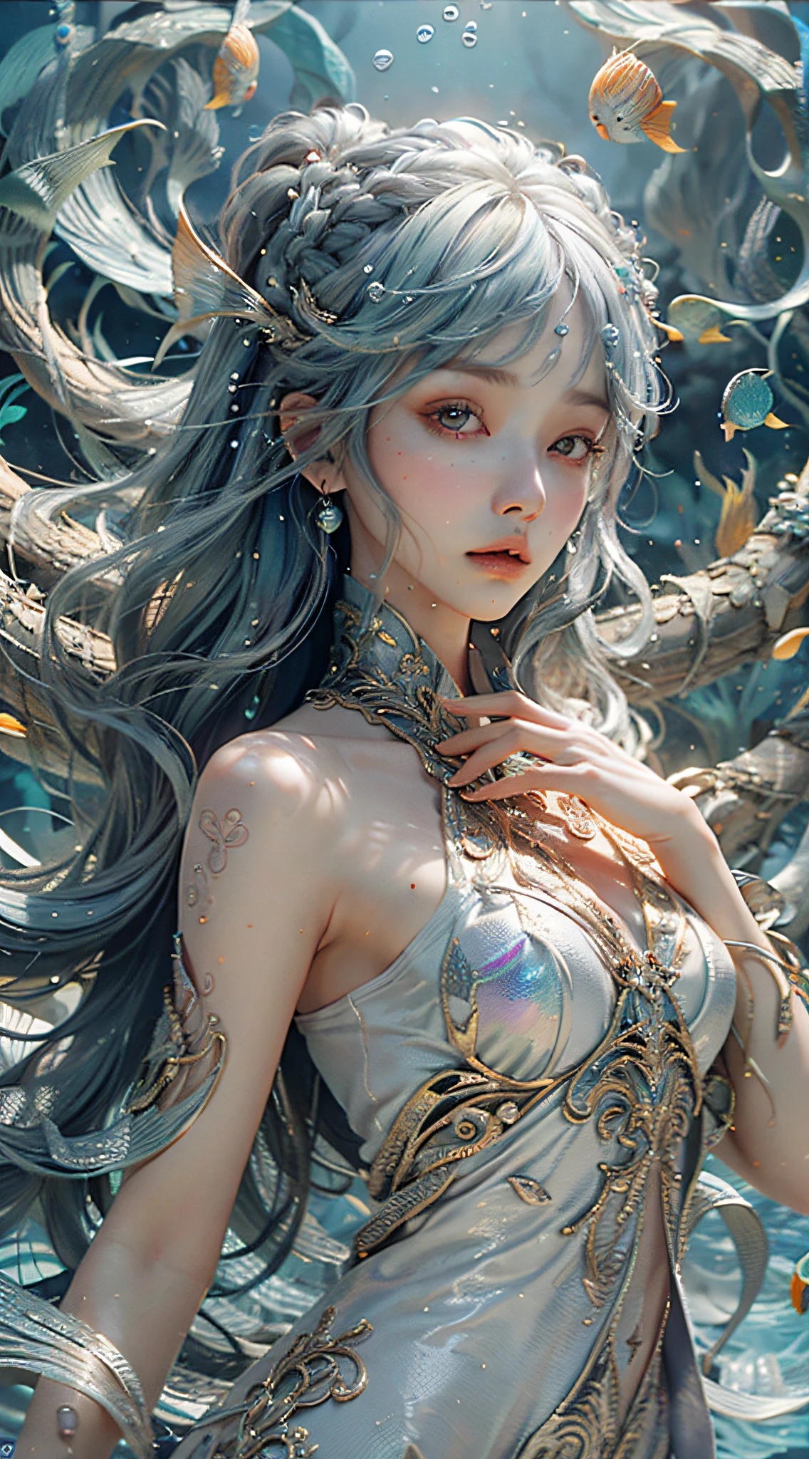 girl, 18 years old, small breast, wearing white dress, Flowing robes, detailed dress ornament, flowing hair, glowing hair, hair ornament, light on face, intricate magical circles, glowing runes, shimmering aura, intense focus, arcane incantations, crackling energy, levitating artifacts, ethereal staff, swirling mist, sparkling motes, mystical crystals, glowing sigils, intricate hand movements, otherworldly chanting, mysterious symbols, powerful invocation, transcendent awareness, phoenix dress, (underwater:1.8), (white dress, Iridescent rainbow hair:1.55), (((water bubbles, colorful fish, beautiful coral life))), (detailed fabric, detailed ornament:1.4), fantasy, Haircut model by Side braid, possed is Lying down pose, sharp green, shooting angle is Rim lighting shot, time is Rim Light, BREAK hyper realistic, intricate design, insanely detailed, extremely fine details, Extremely sharp lines, cinematic lighting, Photo realistic, a detailed painting by Esao Andrews and Anton Fadeev, Raw photo, high detailed, 8k, UHD, dslr, softlighting, HDR, warm light, high quality, film grain, fujifilm XT3, photorealistic, masterpiece, best quality, hyper-detailed, 8K, warm lighting, soft lighting, masterpiece, best quality, detailed, highest quality, ultra detailed, highres, cinematic light, splendid and colorful, out of focus, RAW photograph, art portrait, absurdres, high contrast, colorful, highest details,