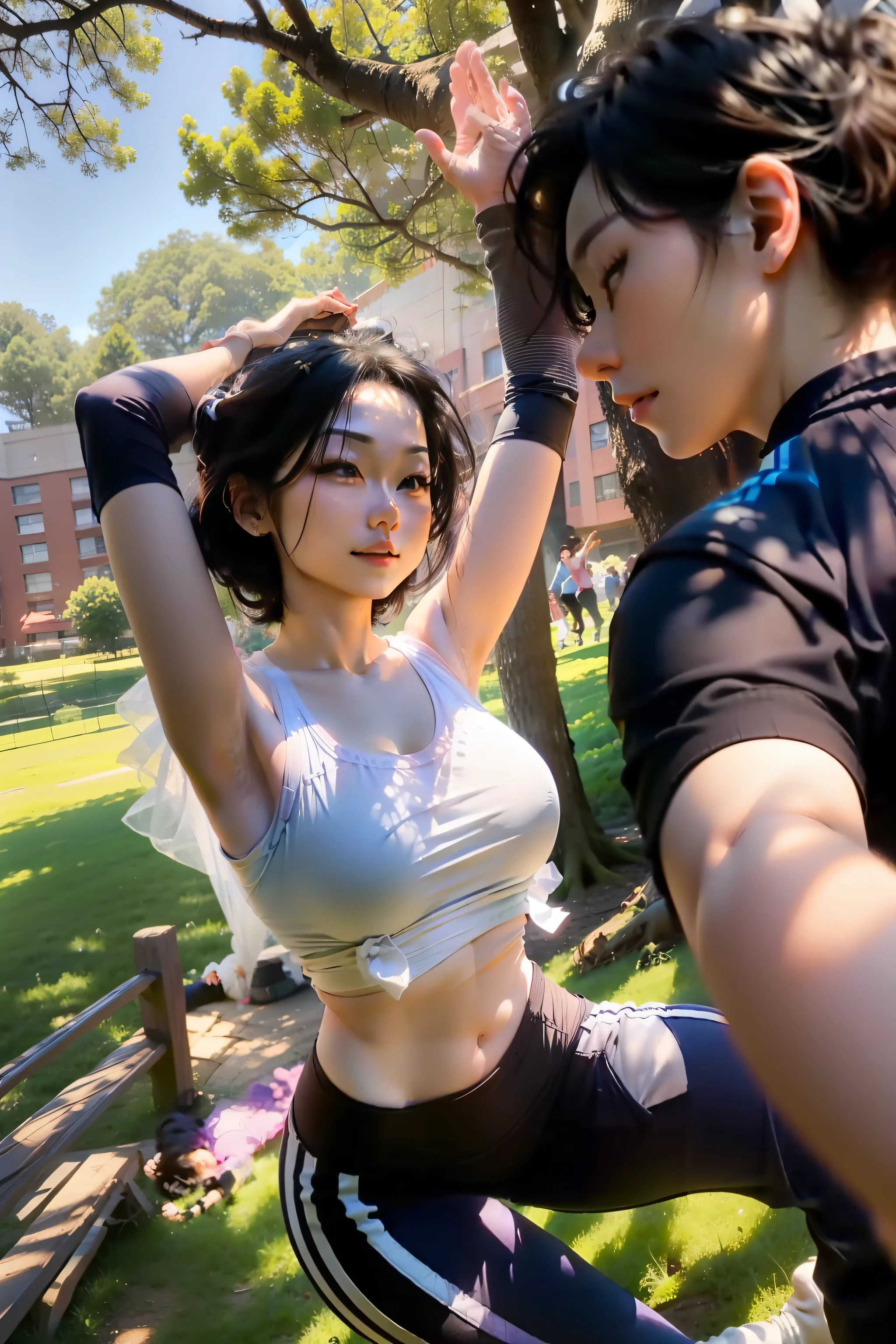 Sunnyday,Park Meadow couple doing yoga together,The wife wears yoga clothes,The husband is wearing a sports shirt,The mood is very happy。The picture is bright,Full of nature。
