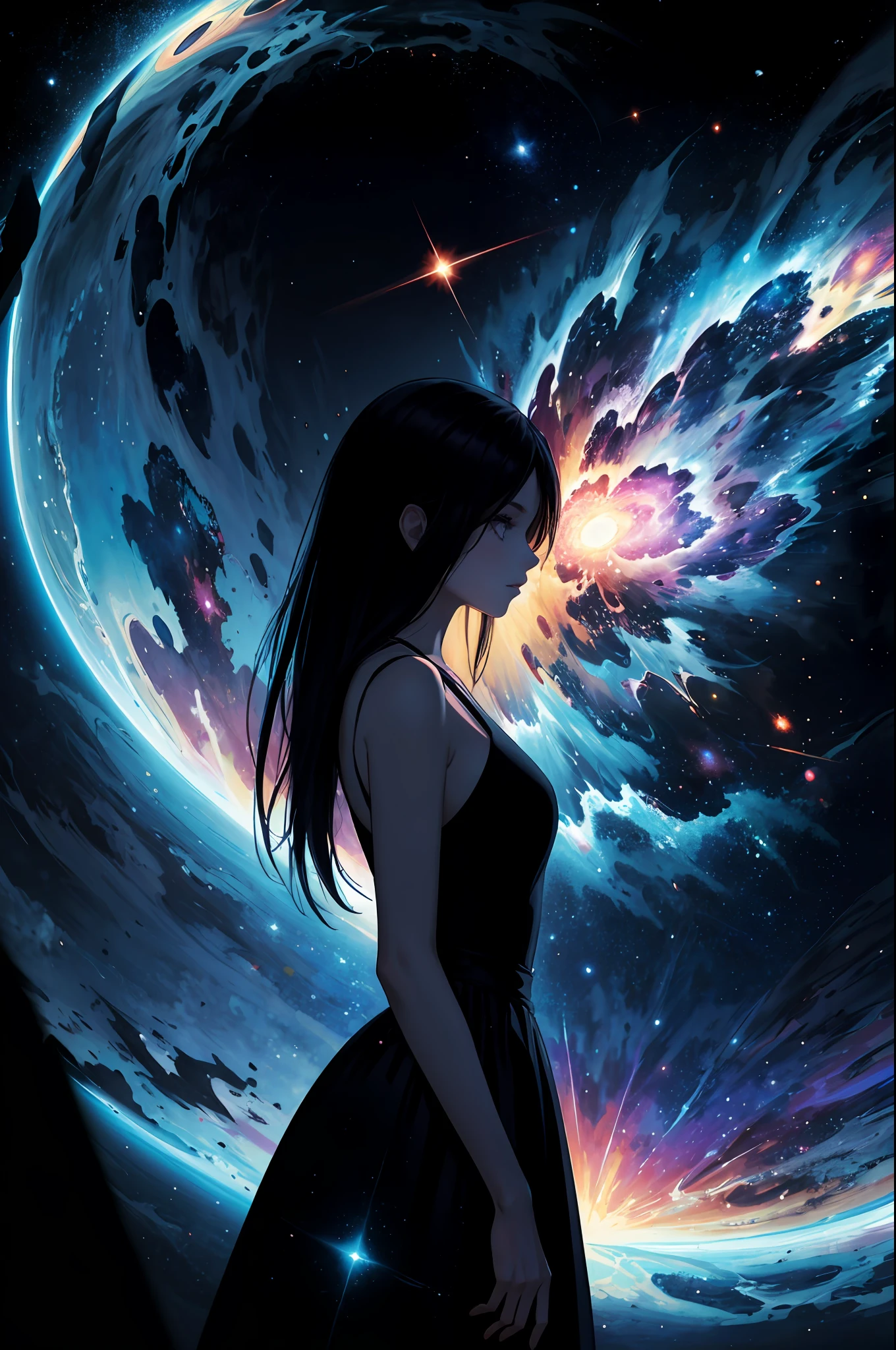 masterpiece, best quality, ultra high res, (abstract art:1.3), (dark art:1.3), deep shadow, dark theme, 1girl, cosmic dress, cosmic beauty, in space, nebula, nice hands, perfect hands,