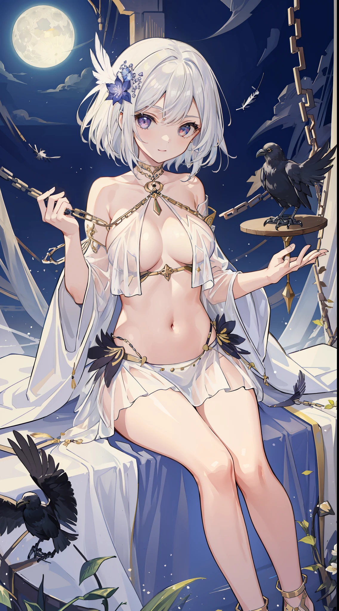 (Masterpiece), (Best quality), full bodyesbian,Simple background,Sitting,
1girll,Shiny hair,White hair,feathers hair ornament, White cloak, ((See-through)),navel,Light smile,hair
planting, flower, full_Moon, ((crow)),Chains,废墟,
1 gir, in flower,Naked female big breast ,1girl in flower ,navel,