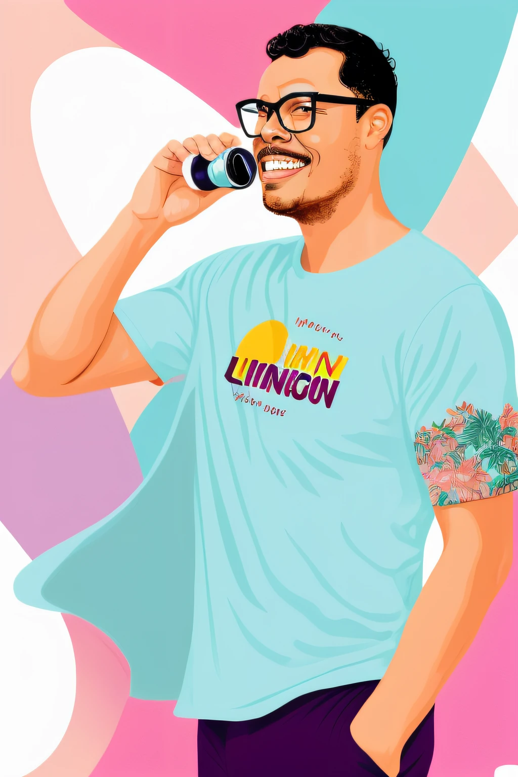 guttonervision8, A lively and entertaining illustration of a man wearing elegant glasses, his face characterized by clear contours and animated expressions. A obra mostra o sujeito vestindo uma camiseta preta da moda, adicionando um toque de modernidade ao visual do personagem. Created in a classic 2D cartoon style, A arte apresenta linhas ousadas e cores vibrantes, dando vida ao personagem. O fundo branco aumenta o foco no homem, making you the center of attention in this delightful illustration.