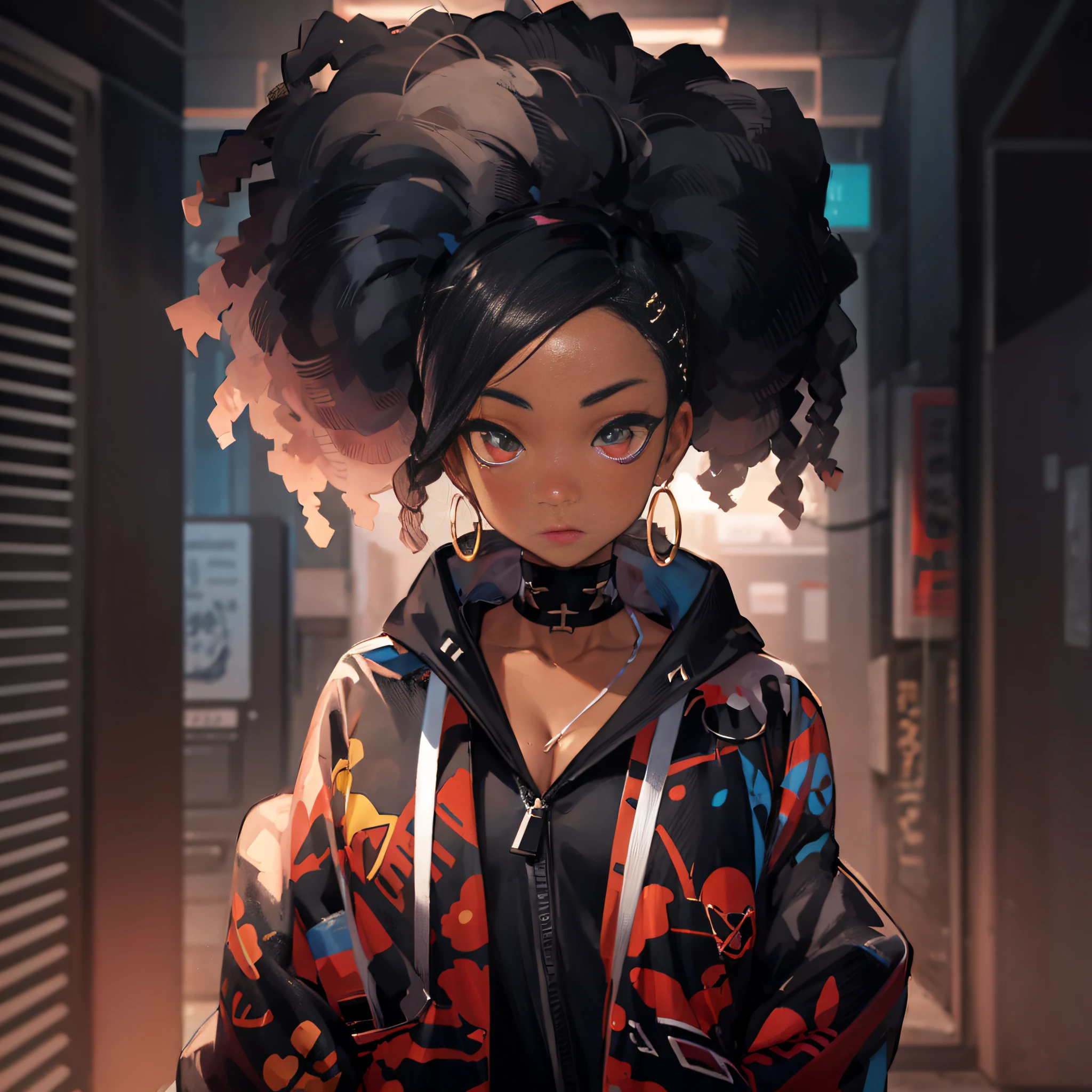 a close up of a person with a jacket and earrings, black anime manga girl, afrofuturism anime, urban girl fanart, artwork in the style of guweiz, super cute funky black girl, black girl, digital anime illustration, anime style character, rossdraws | afrofuturism, high quality portrait, anime style. 8k, black anime pupils in her eyes