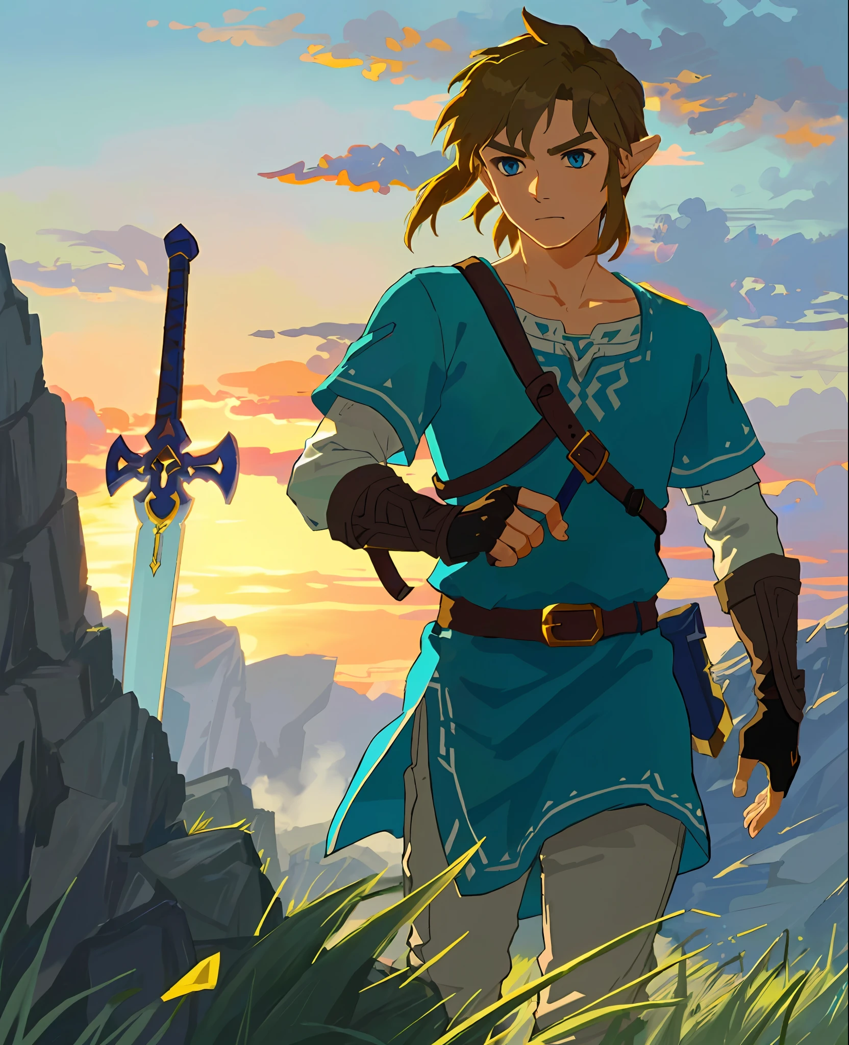 ((1boy)), (Boy), (masterpiece, highest resolution, photorealistic:1.3), ((Link)), botw style, robe, blue robe, yellow hair, (wielding the legendary Master Sword:1.2), (her face with a determined and serious expression:1.1), (Sony Alpha 1 camera, ideal for capturing fast action with exceptional clarity:1.2), (paired with a Sony FE 24-70mm f/2.8 GM lens, perfect for all-around shooting:1.2) , (her blue tunic, with a lot of details), (blonde hair blowing softly rusted by the wind:1.1), (piercing blue eyes reflecting bravery and resilience:1.2), (standing confidently in a lush green field: 1.1), (setting sun painting the horizon in warm tones:1.1), (a serene and peaceful atmosphere enveloping the scene:1.1), (subtle rays of sunlight illuminating the landscape:1.1), (soft shadows adding depth and realism :1.1), (the Master Sword emitting a faint blue glow:1.1), (Link's steadfastness showing his unwavering determination:1.1), (the camera capturing the intricate details of his costume and weapons:1.1), (a frozen moment in time, capturing the essence of heroism:1.1), (the gentle breeze that hints at the adventure ahead:1.1), (The perfect blend of serenity and heroism in one breathtaking image:1.1).