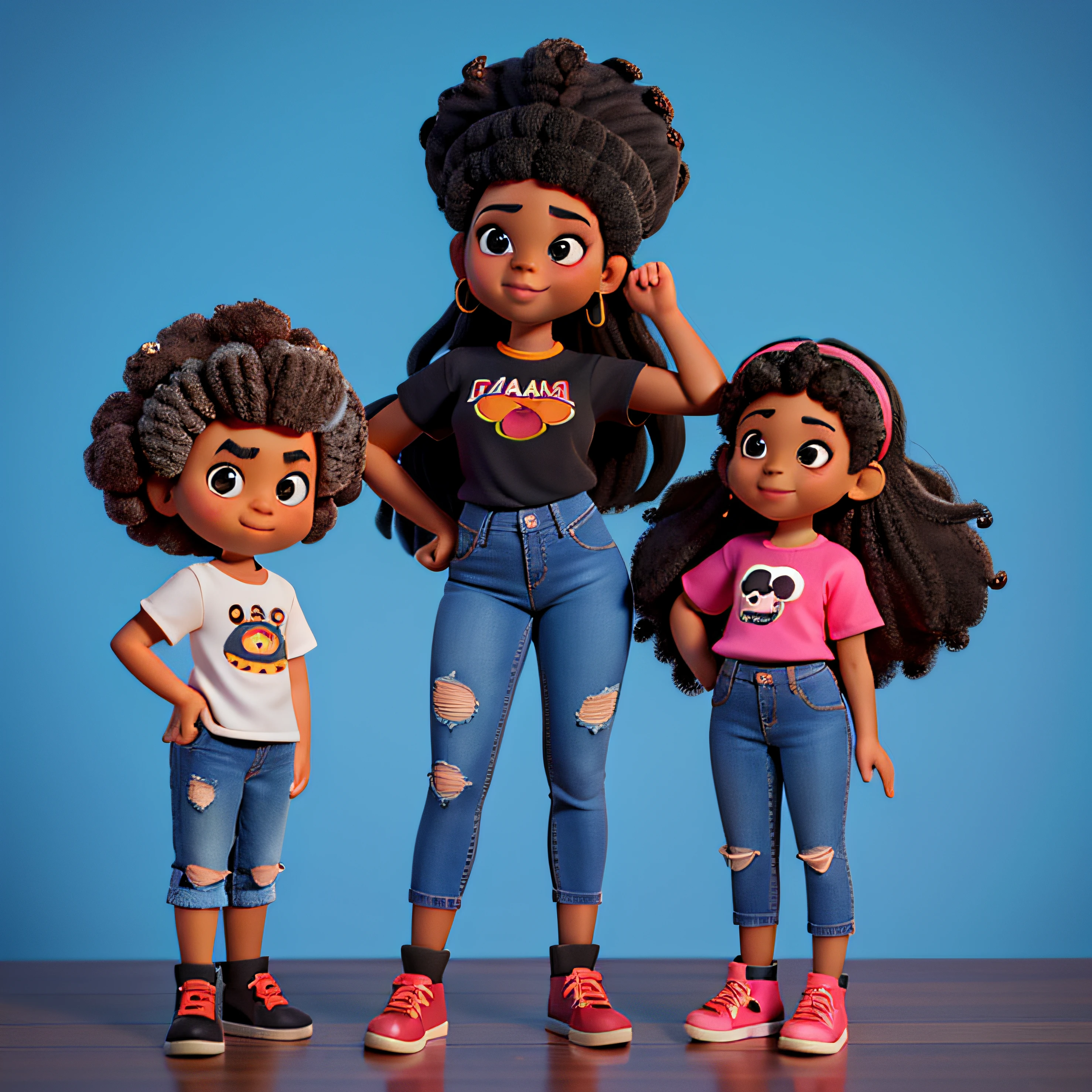 Chibi, uma boneca afro (((afro:0.93))), dos desenhos animados com uma camisa preta e jeans; children with afro black skin:9.34, pele morena: 3.43 /uma garotinha morena!3.4 apontando o dedo anelar