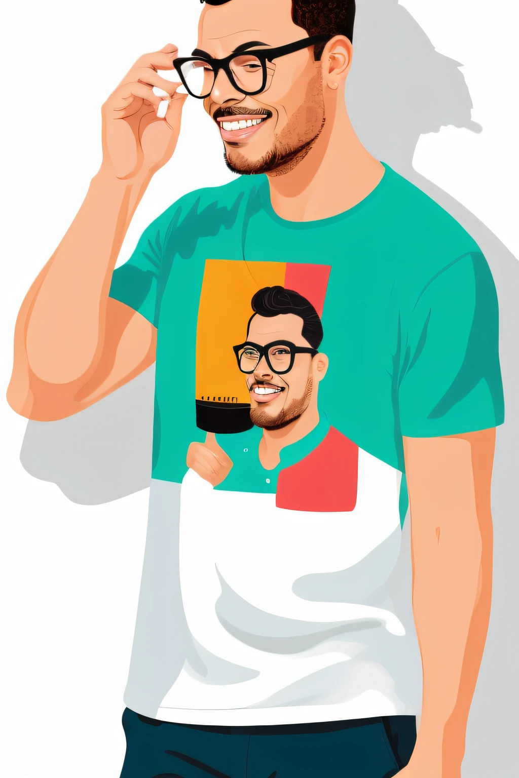 guttonervision8, A lively and entertaining illustration of a man wearing elegant glasses, his face characterized by clear contours and animated expressions. A obra mostra o sujeito vestindo uma camiseta preta da moda, adicionando um toque de modernidade ao visual do personagem. Created in a classic 2D cartoon style, A arte apresenta linhas ousadas e cores vibrantes, dando vida ao personagem. O fundo branco aumenta o foco no homem, making you the center of attention in this delightful illustration.