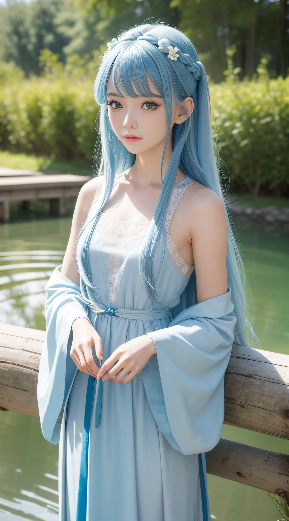 Masterpiece, best quality, official art, 8k wallpaper, highly detailed, illustration, 1 girl, sky blue hair, long hair, detailed eyes, Forrest Gump, bare shoulders, hanfu, lake, pure, soft smile, bamboo, tea