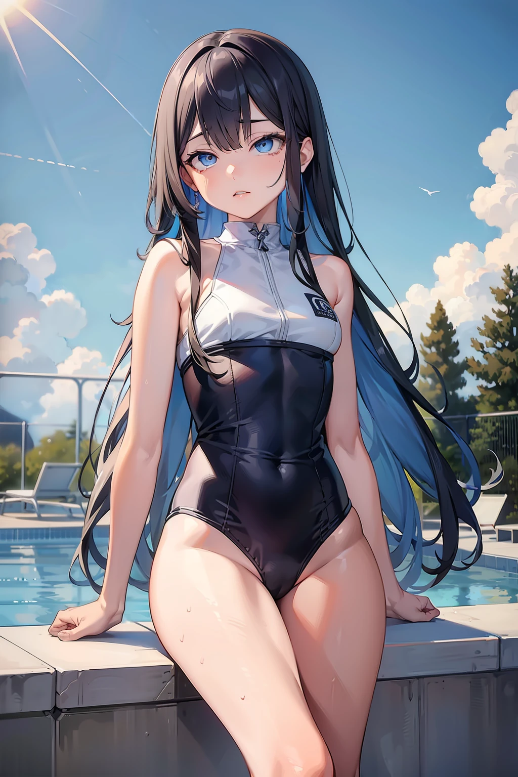 tmasterpiece,best qualtiy,tmasterpiece,best qualtiy,offcial art,the Extremely Detailed CG Unity 8K Wallpapers,traditional_Mediums,Kizi,,black hair band,long whitr hair,whaite hair,eBlue eyes,Small breasts,School swim wear,Expressionless,swimmingpool,low-tied long hair,straight on,Pupil of the slit