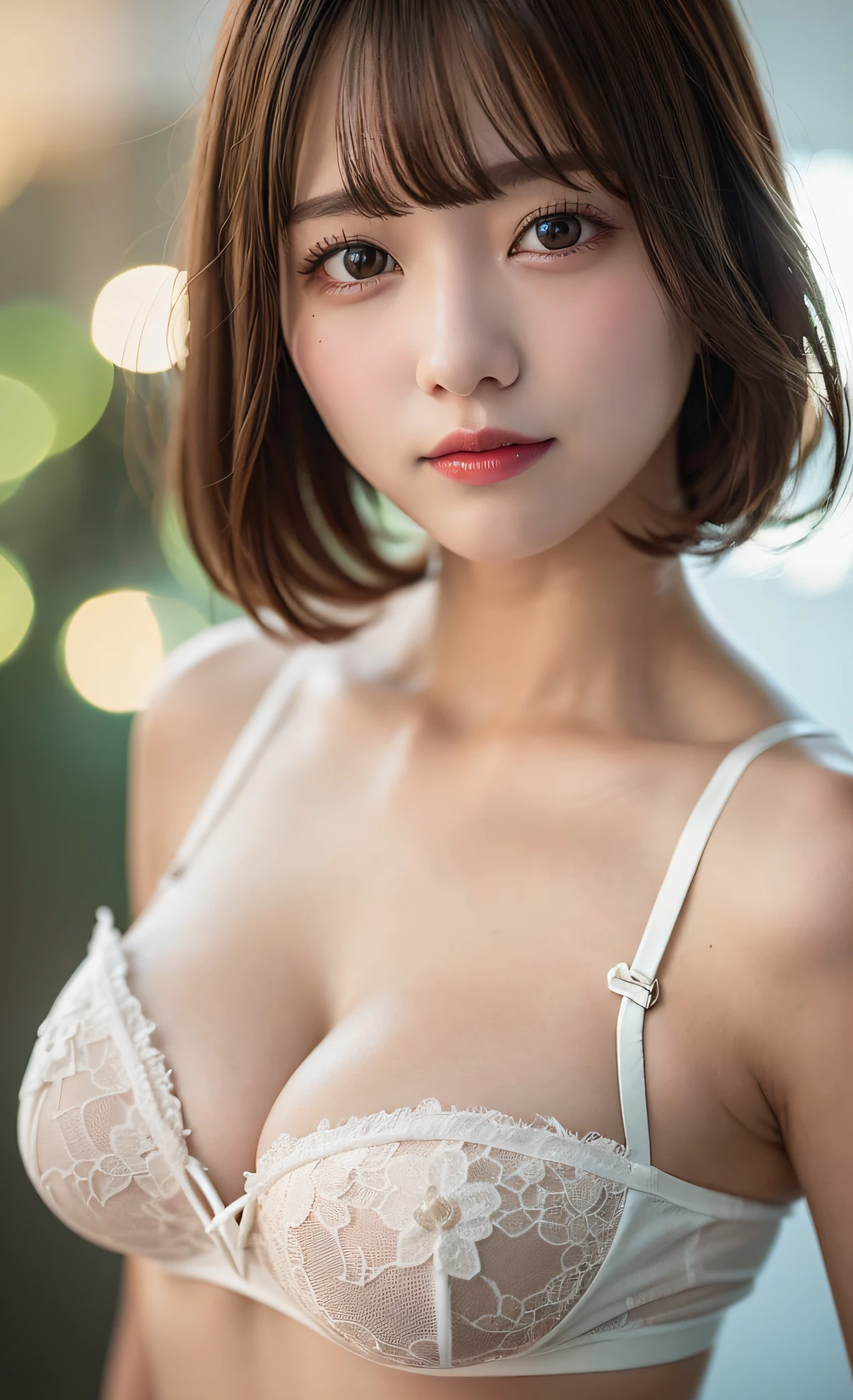 8K,Professional Lighting ,Aerial perspective ,超A high resolution ,(photographrealistic: 1.3) ,kawaii , (tits out:1.1) ,vivid flowers ,plain white bra,Detailed face ,bob cuts ,Cowboy Shot ,asymmetrical composition ,