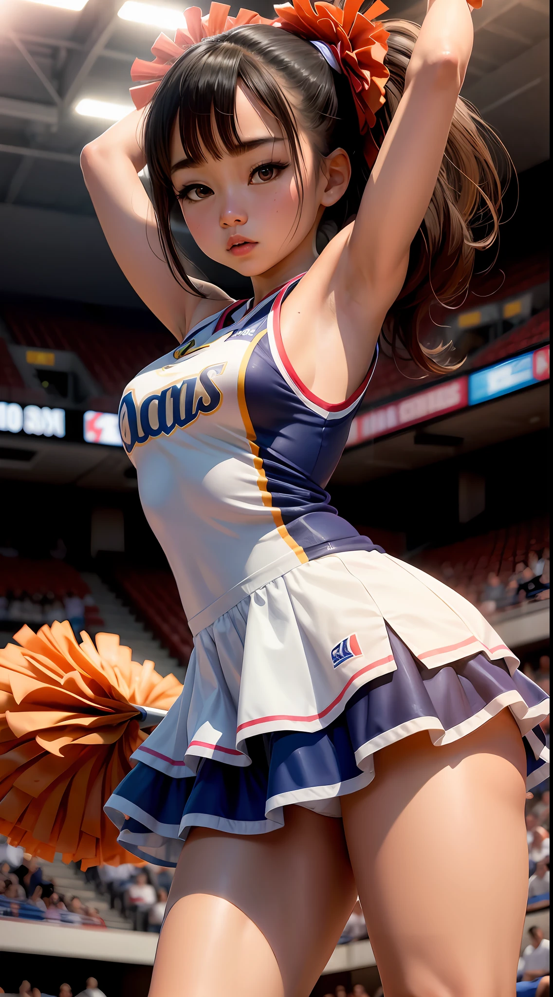 uma linda garota, cheerleader dress, Asian eyes, arena de basquete.
