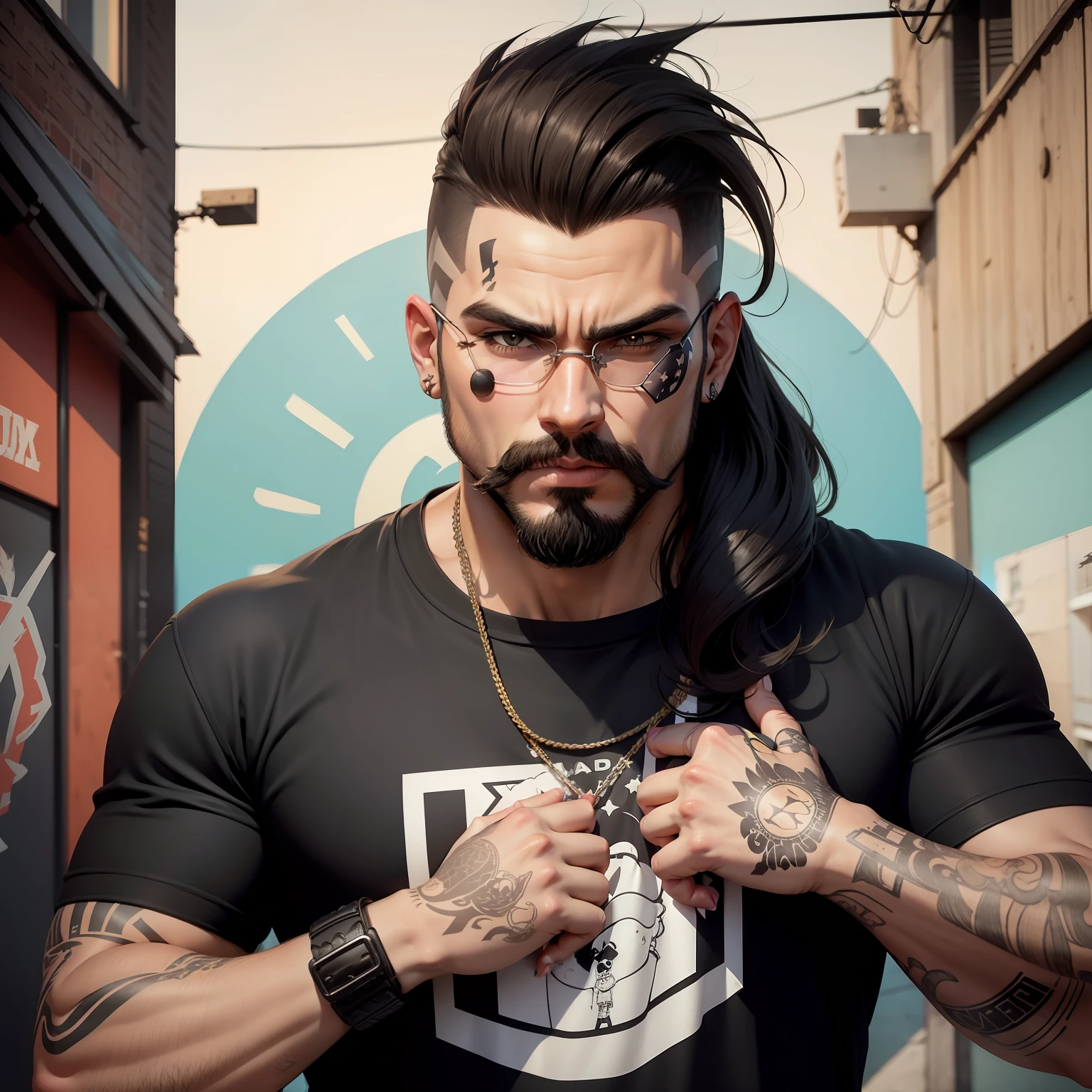 creates a cartoon-style illustration of a rockstar person, street wear, com cabelo curto castanho com degrade jogado para traz, barba e bigode curto, olhos castanhos, usando roupa preta