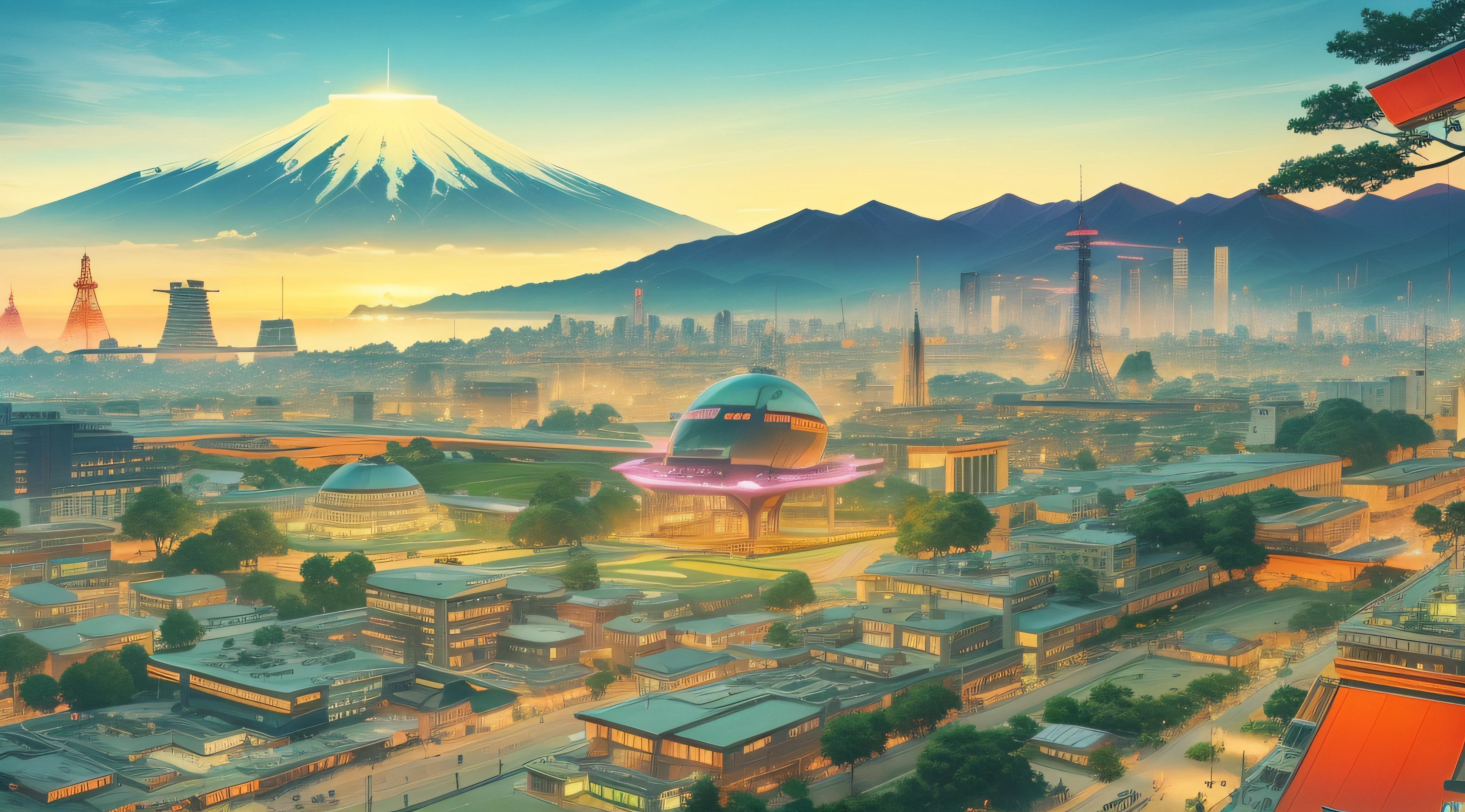 keep the colors, Make the city become futuristic, add many flying cars in the sky, add airships flying in the sky, add red sun above the mountain, add floating cities, add more tall buildings, add Tokyo tower from afar, change green trees to pink