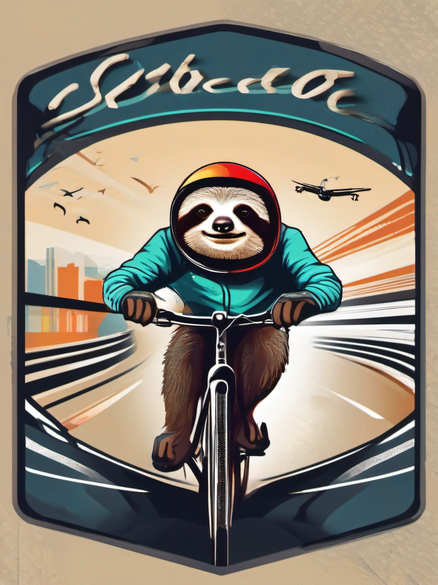 isolated vector-art t-shirt design of a sloth showcasing its cycling prowess. The sloth should be depicted in a sporty and determined posture, wearing cycling gear and helmet. Use bold and energetic colors to convey a sense of action and enthusiasm. The background can include speed lines or a cycling race track, emphasizing the sloth's cycling prowess. This design inspires viewers to embrace their inner cyclist and pursue their passions with pride, isolated, no-background, in the style of 0mib